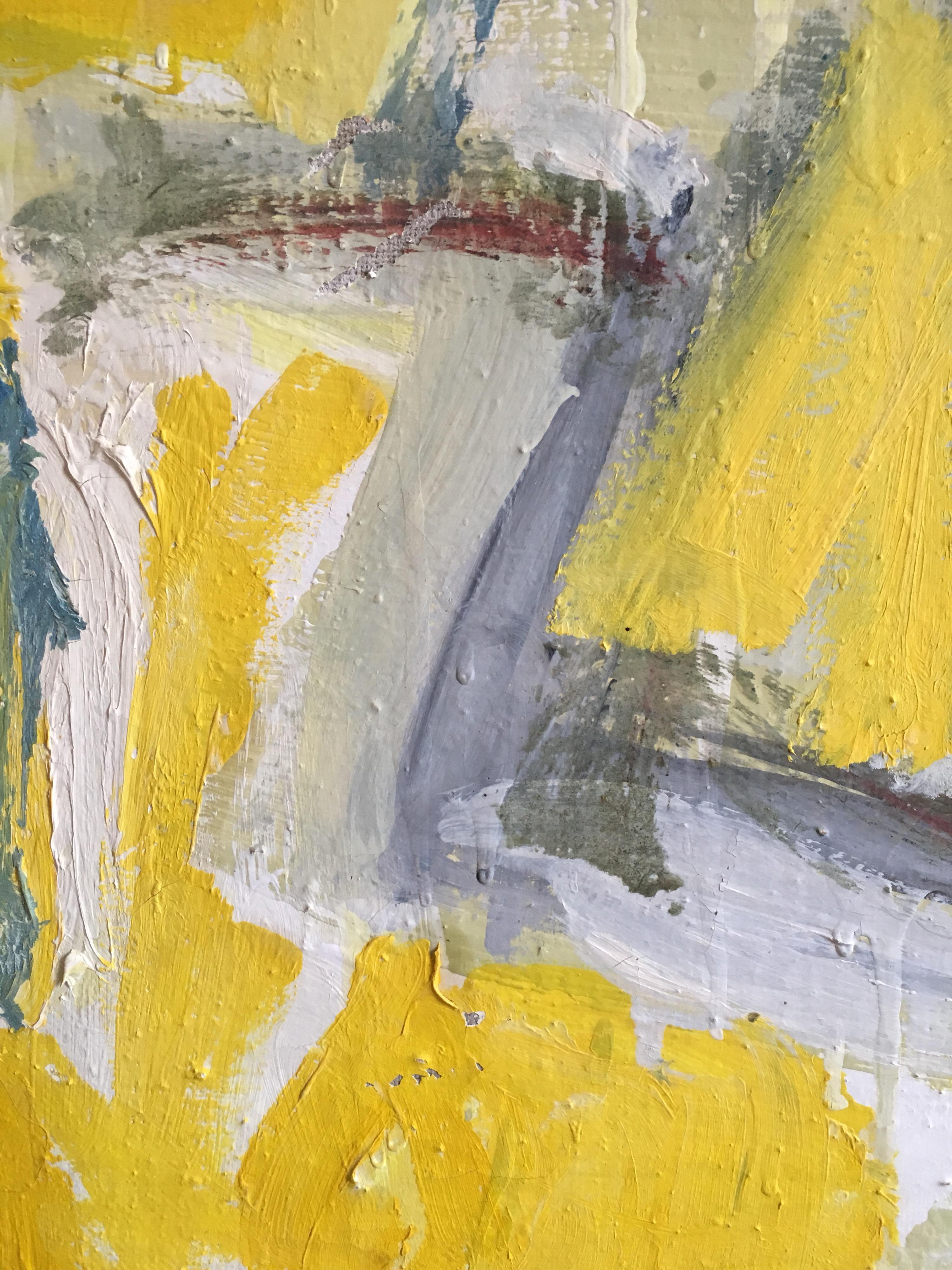 Pittura astratta gialla e grigia su tela, opera cubista espressionista - Painting Astratto di Unknown