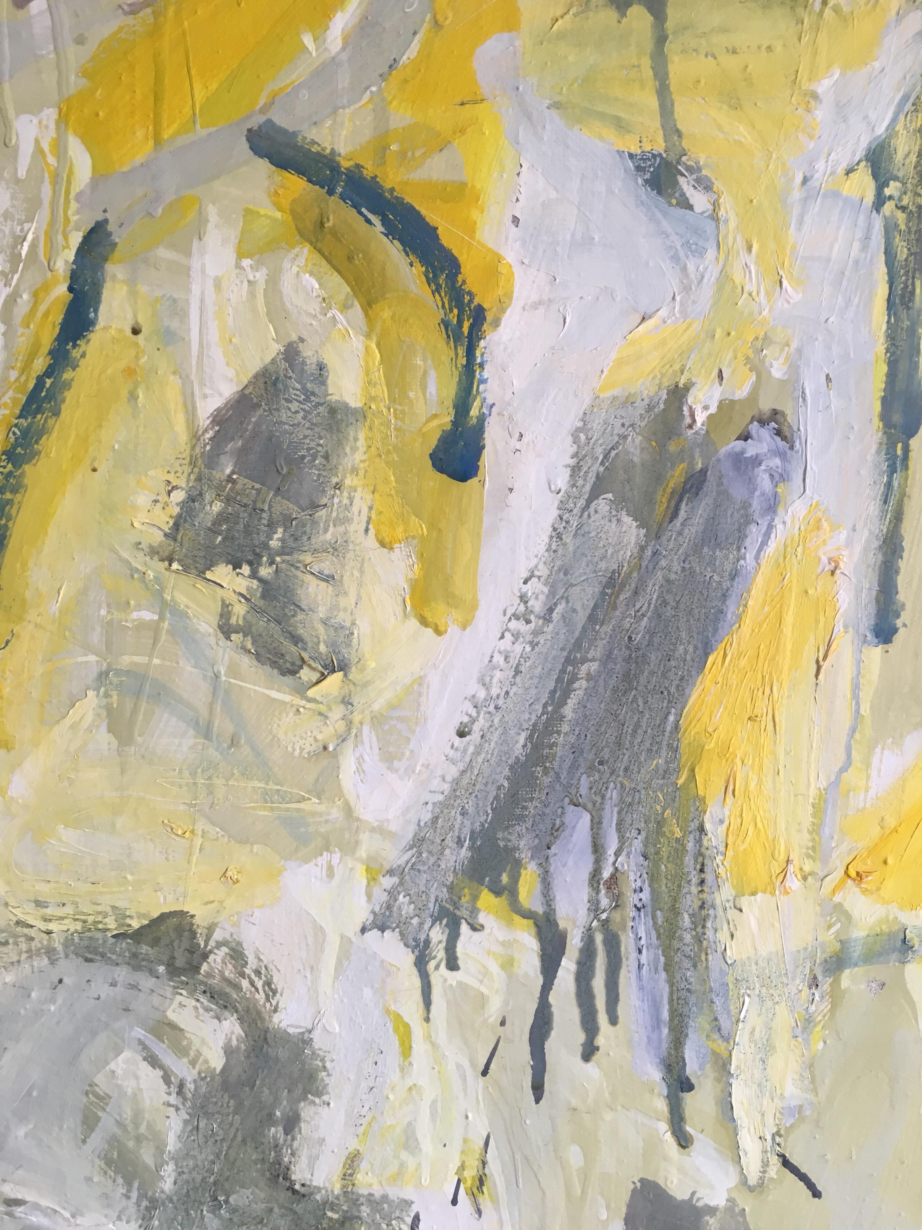 Abstraktes, großes Ölgemälde auf Leinwand, kubistisches expressionistisches Werk in Gelb und Grau im Angebot 1