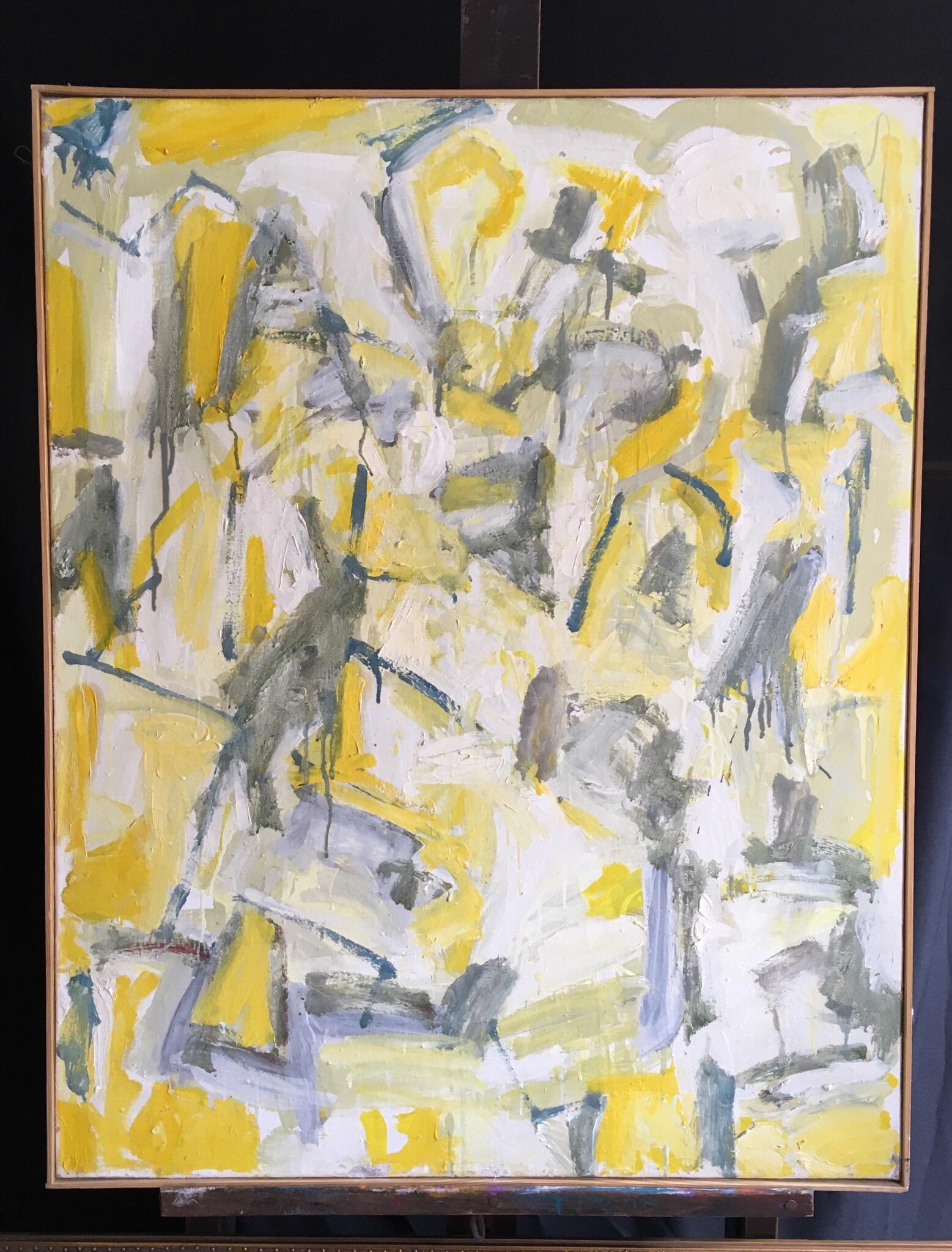 Abstraktes, großes Ölgemälde auf Leinwand, kubistisches expressionistisches Werk in Gelb und Grau im Angebot 2
