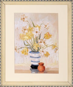 Yellow and White Daffodils in a Blue and White Vase - Gouache on Paper