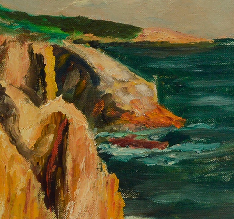 Mid Century Modern Abstracted Landscape, Big Sur Coast Cliffs  - Yellow Landscape Painting by Unknown