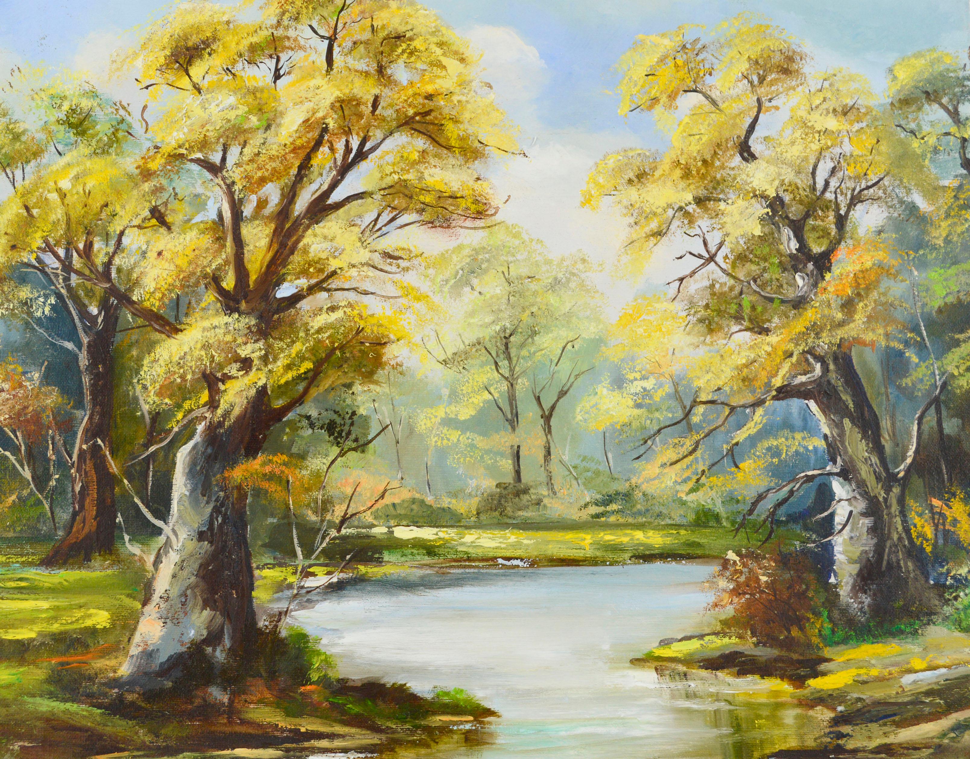 Yellow Oak Trees, Vintage 1970s Autumn River Landscape  - Painting by Unknown