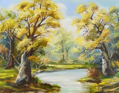 Yellow Oak Trees, Vintage 1970s Autumn River Landscape