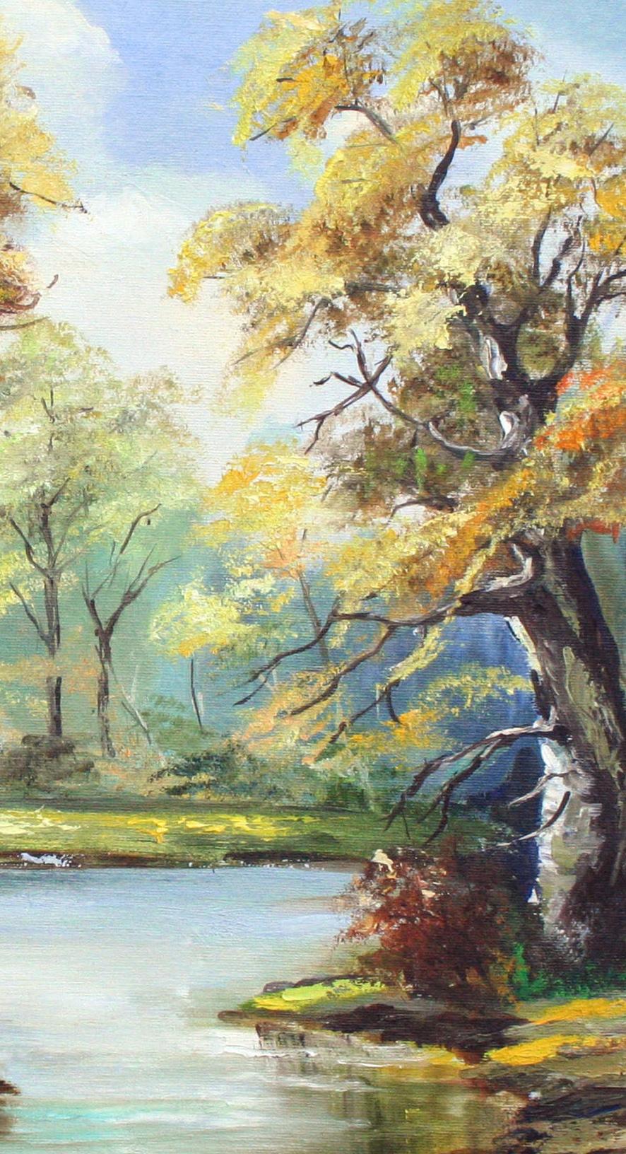Bellissimo paesaggio autunnale di querce gialle che circondano un fiume tranquillo nel Wood. Questo paesaggio vintage degli anni '70 di un artista sconosciuto (americano, XX secolo). 

Senza segno. Senza cornice. Dimensioni dell'immagine: 20 