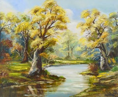Gelbe gelbe Eichebäume, Vintage 1970er Jahre Herbst Flusslandschaft 