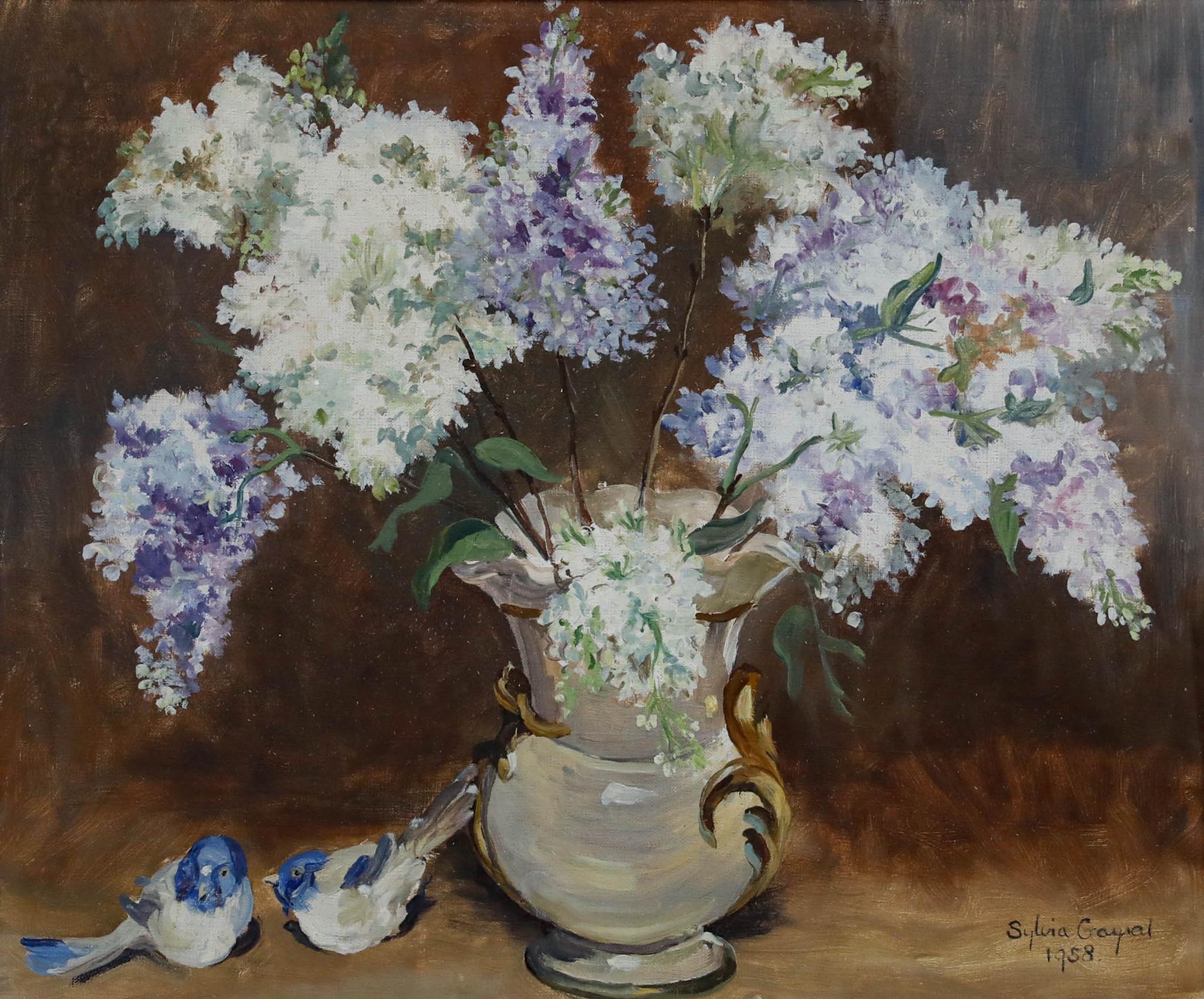 Ylvia Gayal - Gerahmtes Öl aus der Mitte des 20. Jahrhunderts, Blumenstrauß aus Flieder – Painting von Unknown