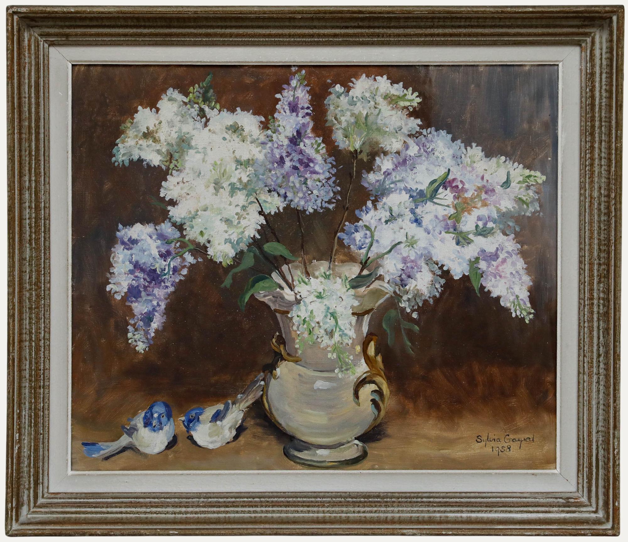 Ylvia Gayal - Huile encadrée du milieu du XXe siècle, Bouquet de lilas