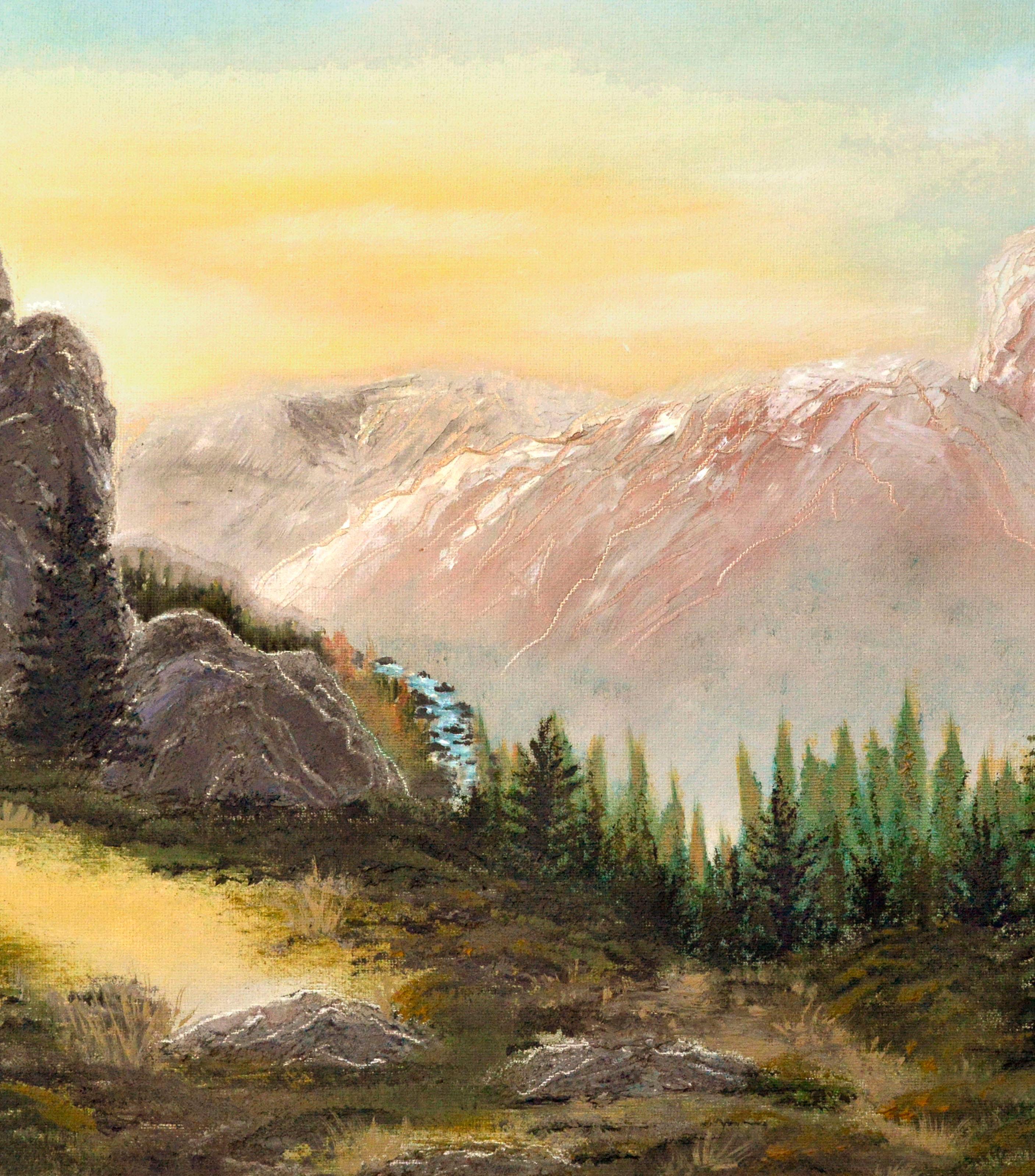 Sunrise de la haute Sierra à Yosemite - Paysage du milieu du siècle dernier  - Beige Landscape Painting par Unknown