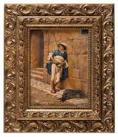 Young Arab Soldier with Dog - Oil on Board Early 20th Century