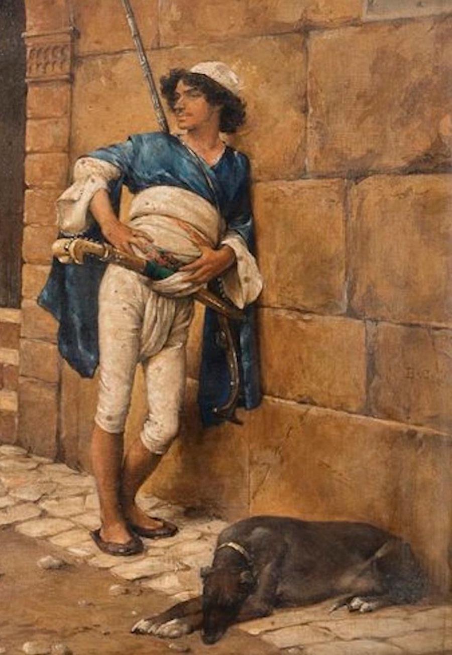 Young Arab Soldier with Dog - Oil on Board Early 20th Century