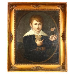 Provocative 19th Century Folk Art painting of a young boy holding thorny flowers