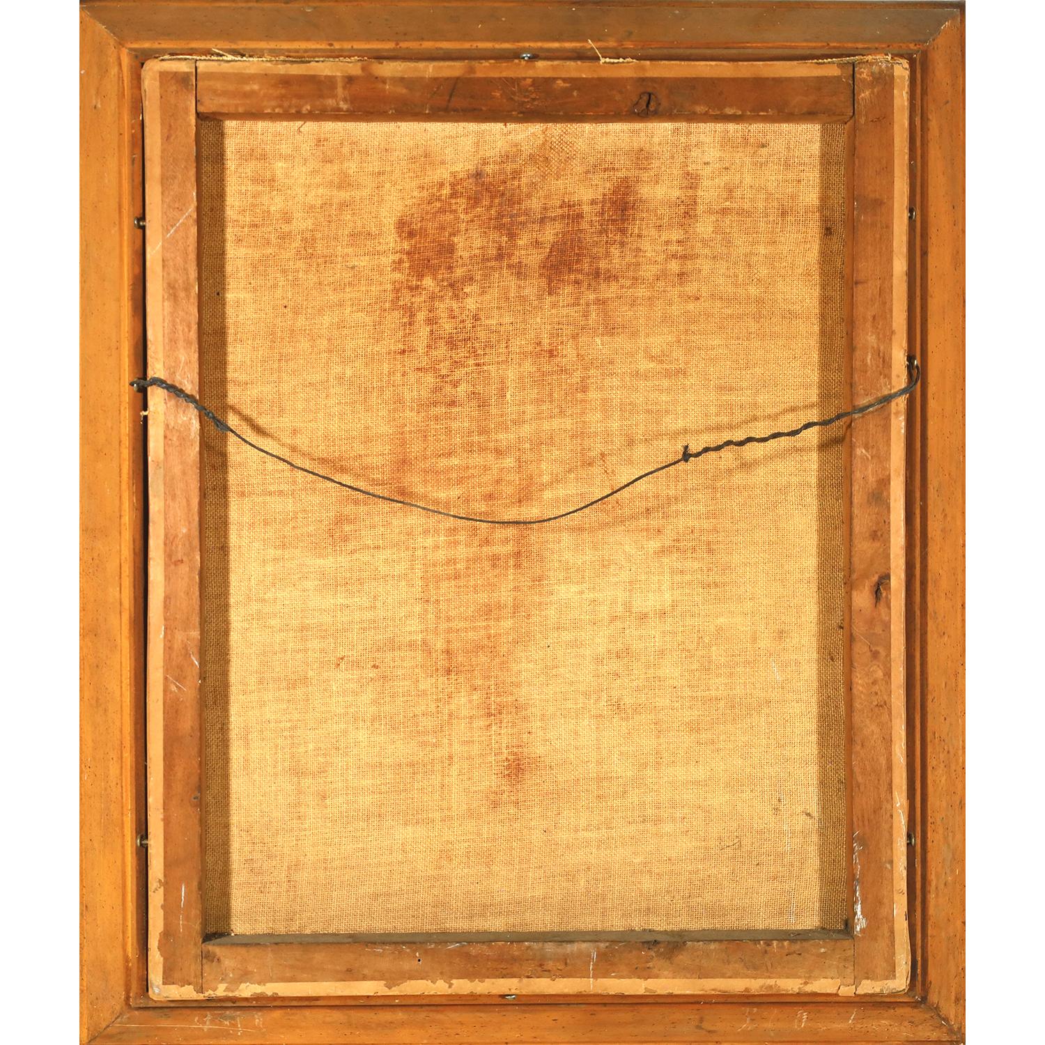 Una gran pintura de arte popular del siglo XIX de un joven posando, sujetando cuidadosamente flores espinosas entre dos dedos. La hebilla de su cinturón tiene iniciales monogramadas, la última es una 