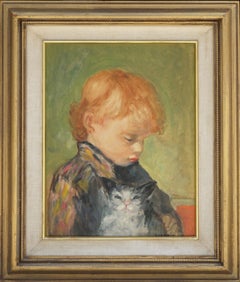 Vintage Young Boy with Cat Portrait