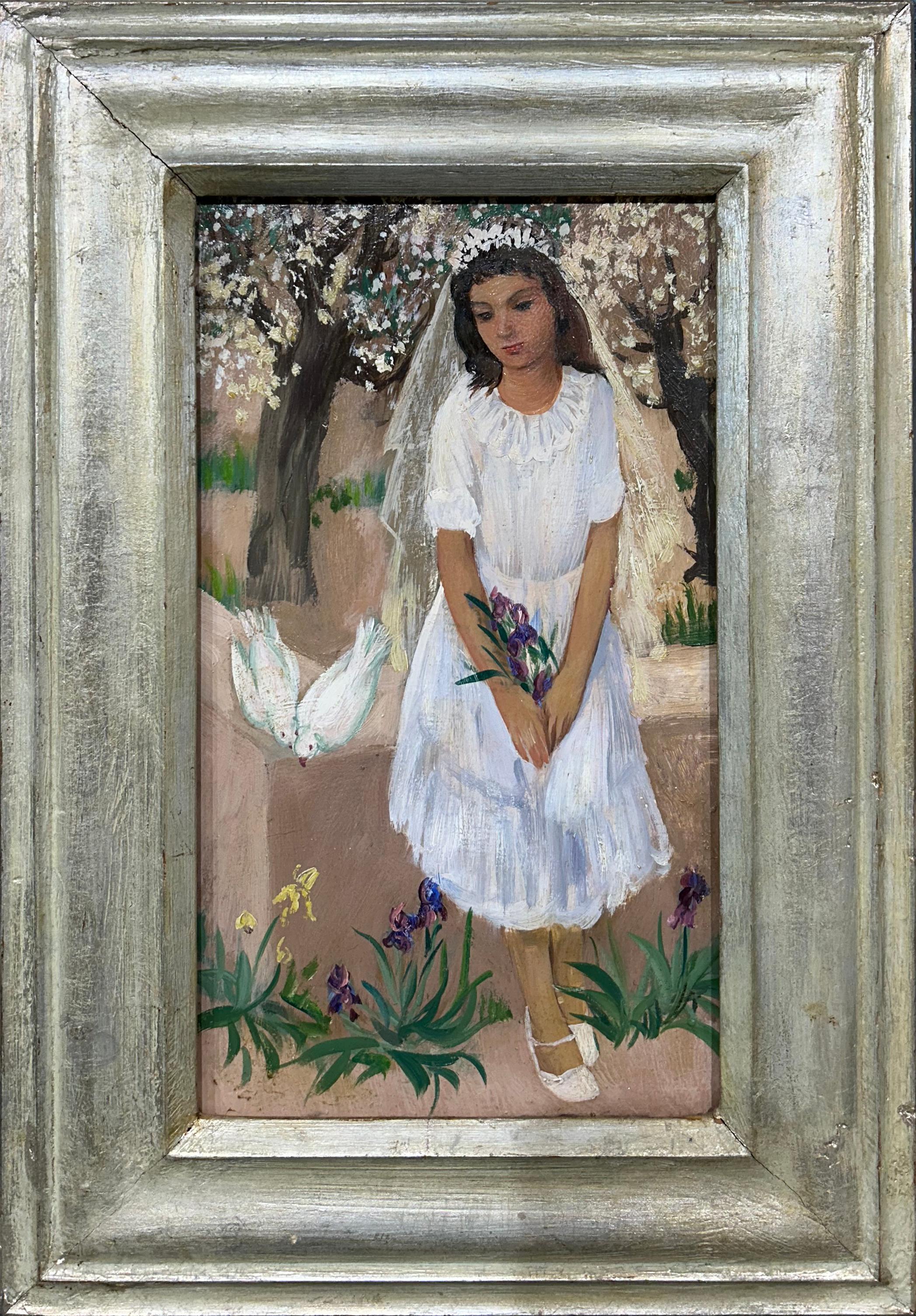 Young Bride with Doves, Environmental Portrait - Painting by Unknown