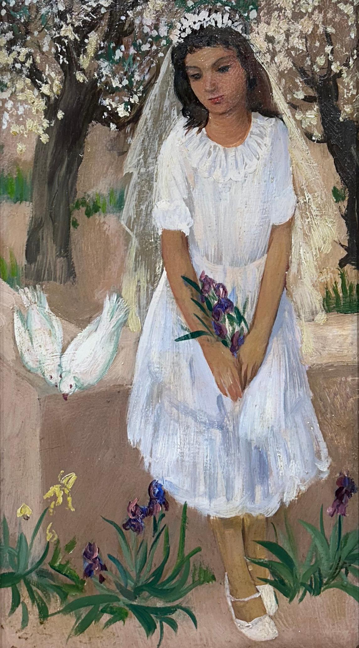 Unknown Landscape Painting - Young Bride with Doves, Environmental Portrait