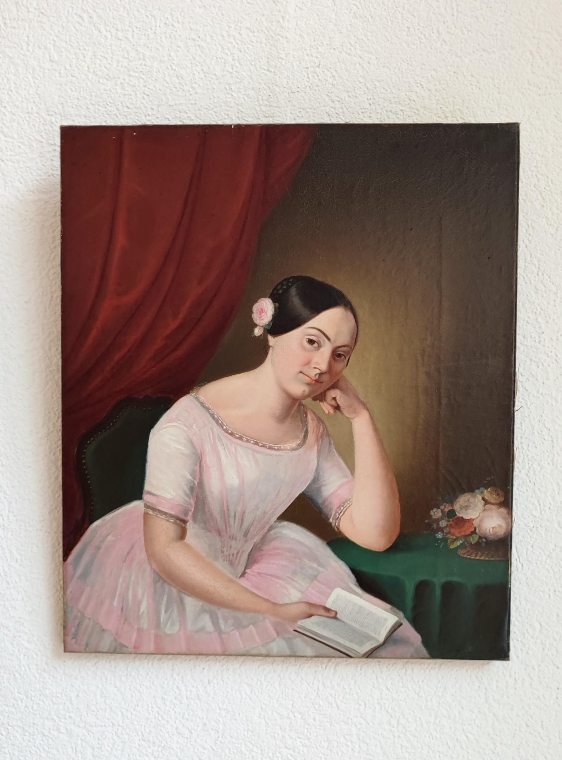 Junges Mädchen in rosa Toilette – Painting von Unknown