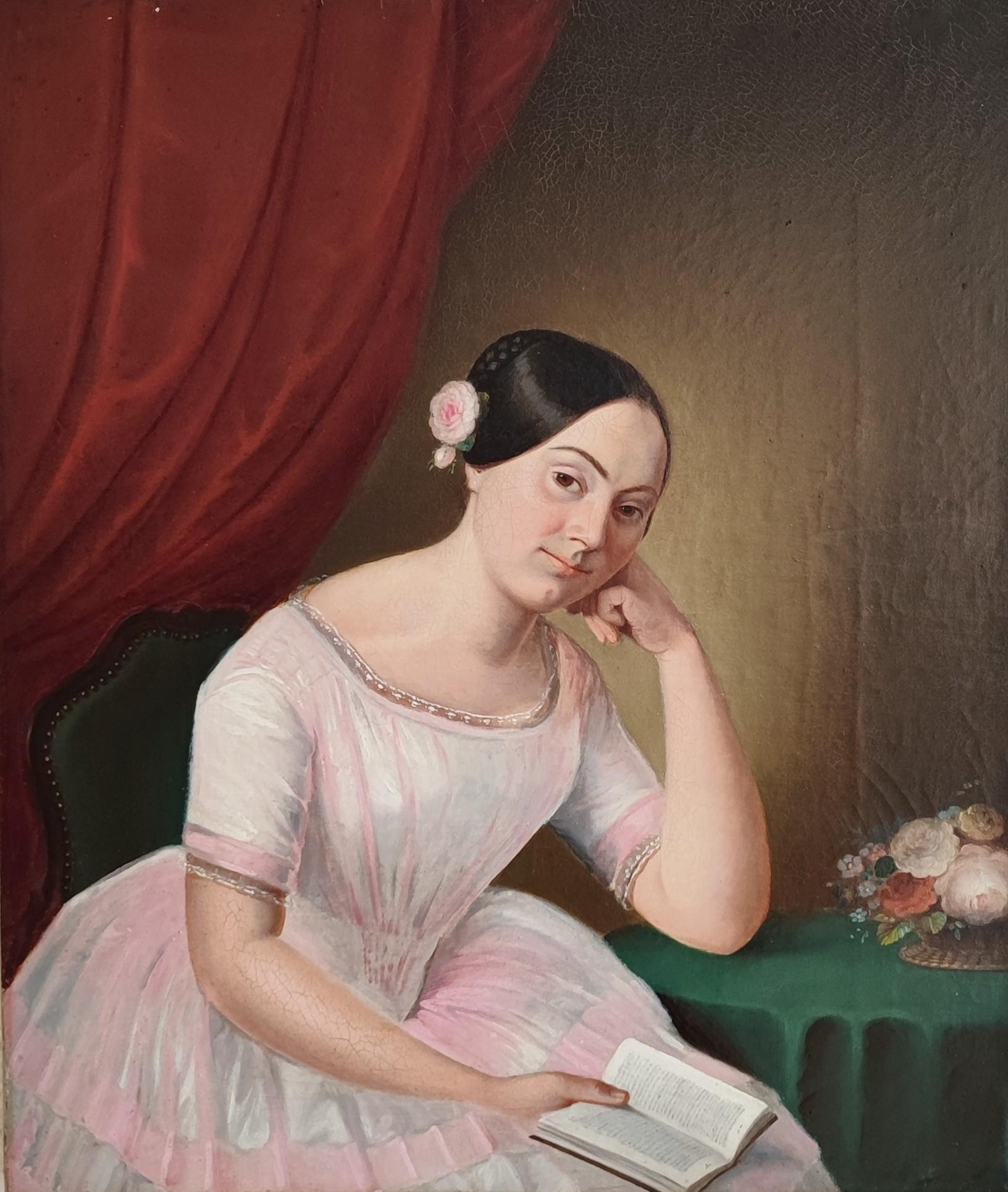 Unknown Portrait Painting – Junges Mädchen in rosa Toilette