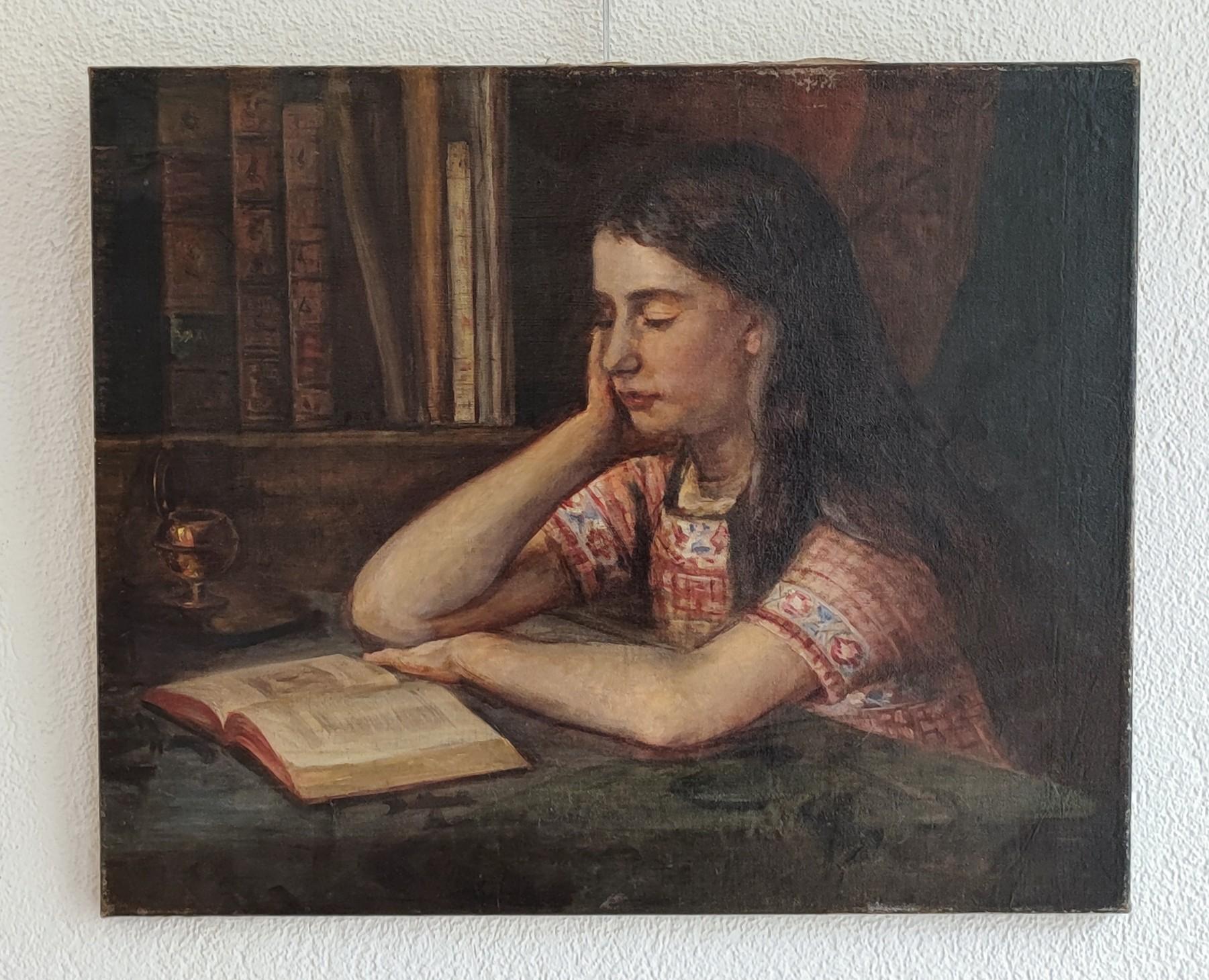 Young girl reading - Painting by Unknown