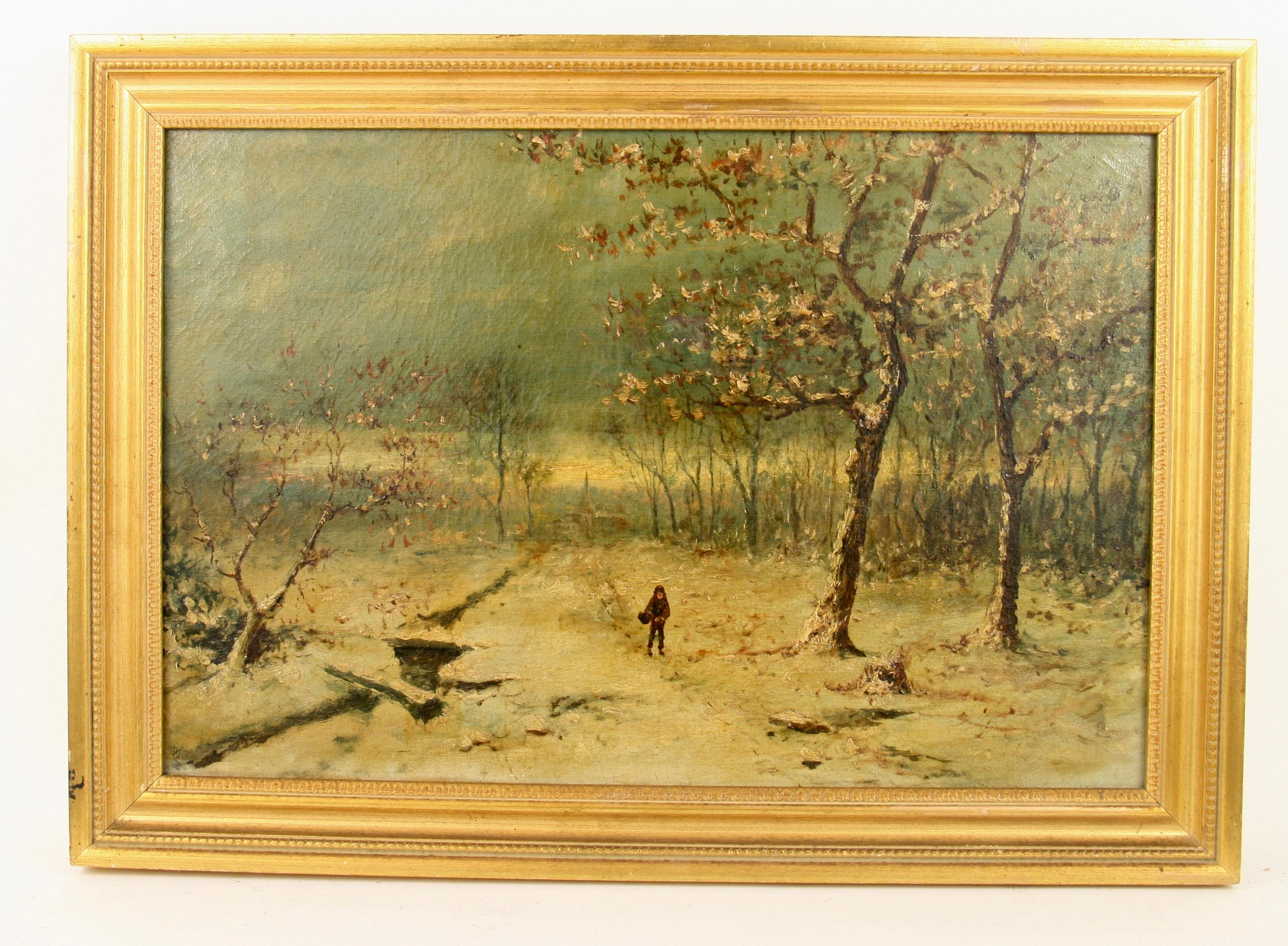 Young Girl Walking Thru a Winter Snow Landscape Oil Painting 1920's