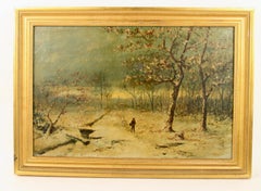 Young Girl Walking Thru a Winter Snow Landscape Oil Painting 1920's