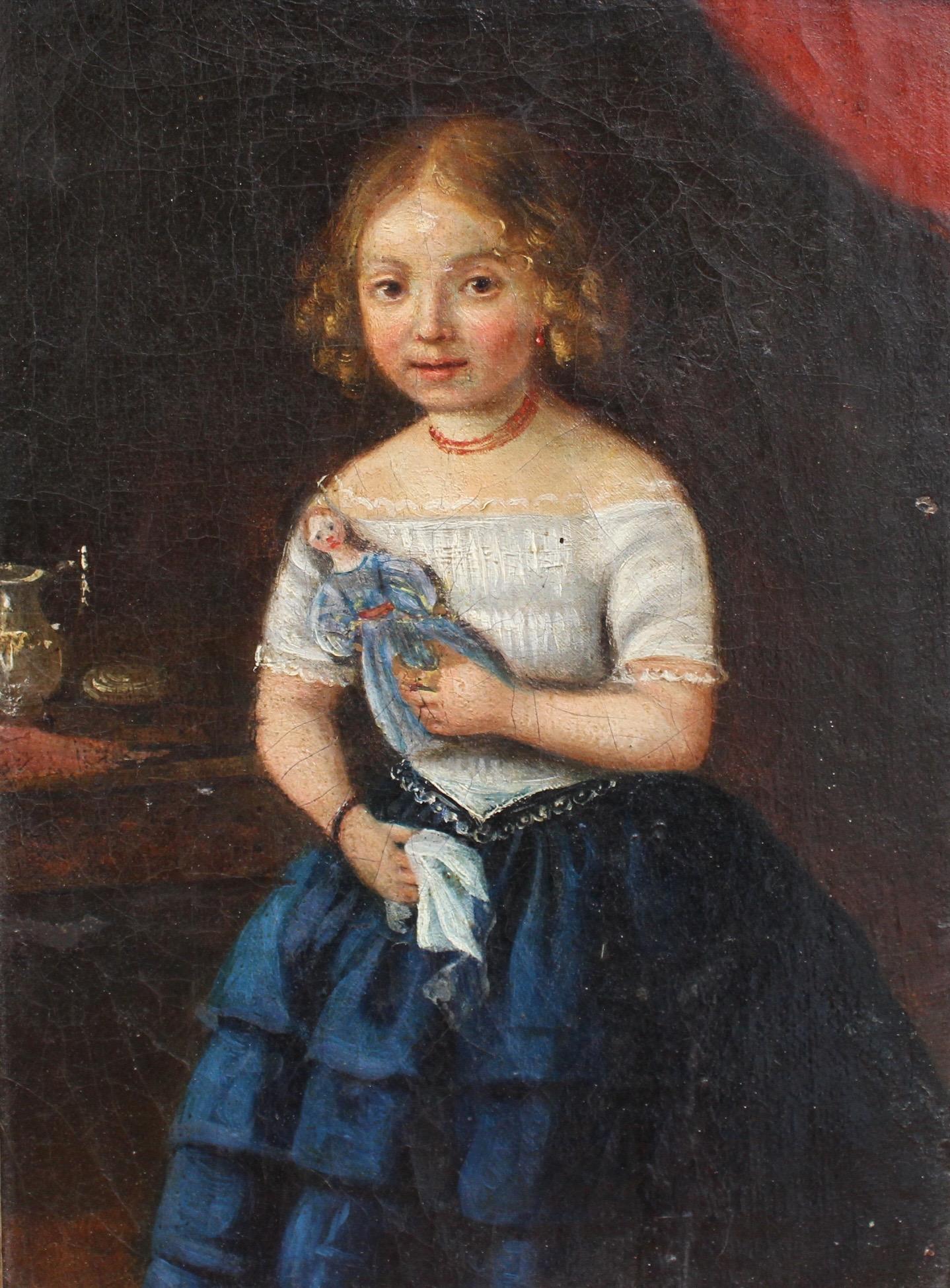 Unknown Portrait Painting - 'Young Girl with Her Doll' (Late 18th Century)