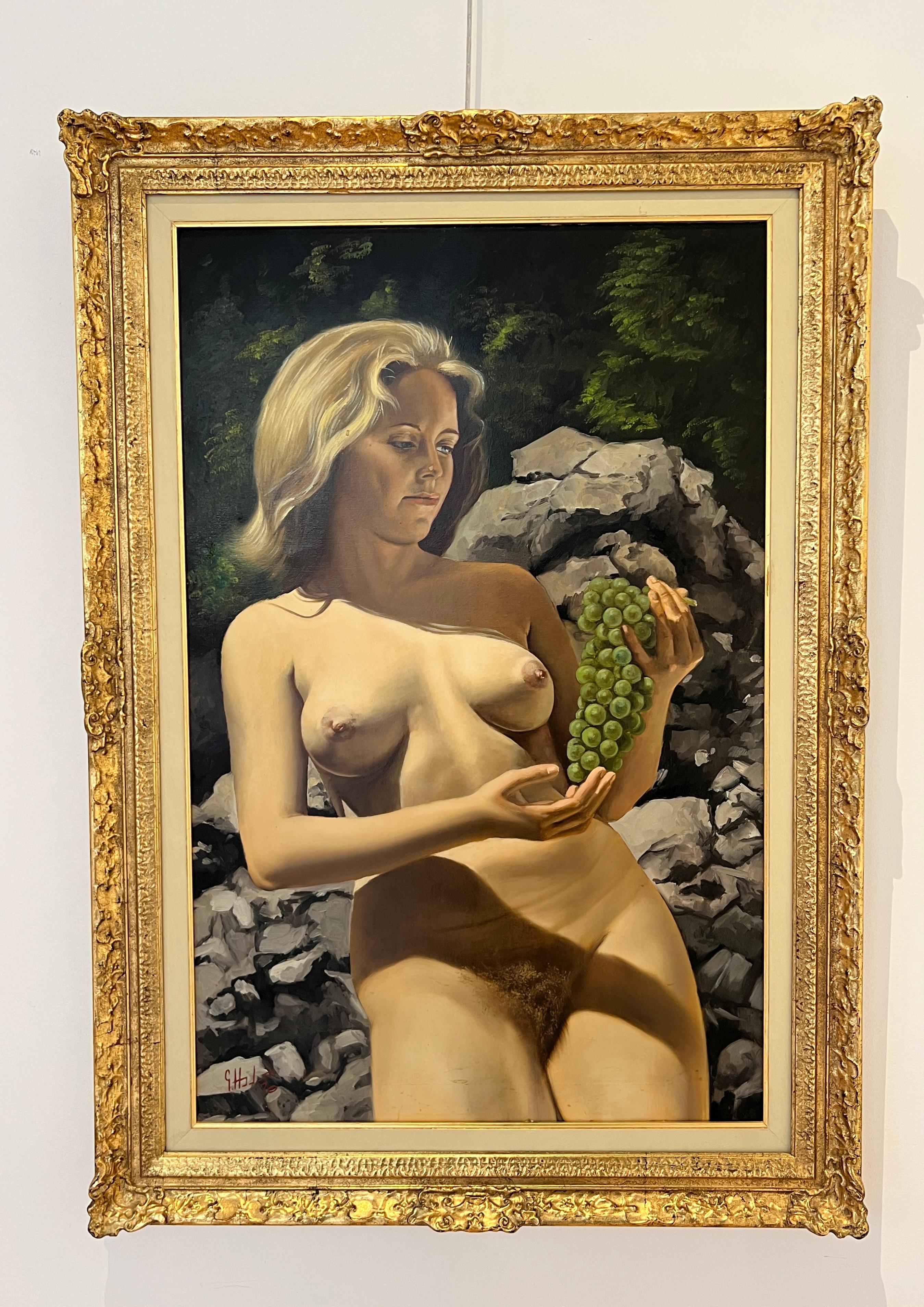 Young naked woman with bunch of grapes - Painting by Unknown