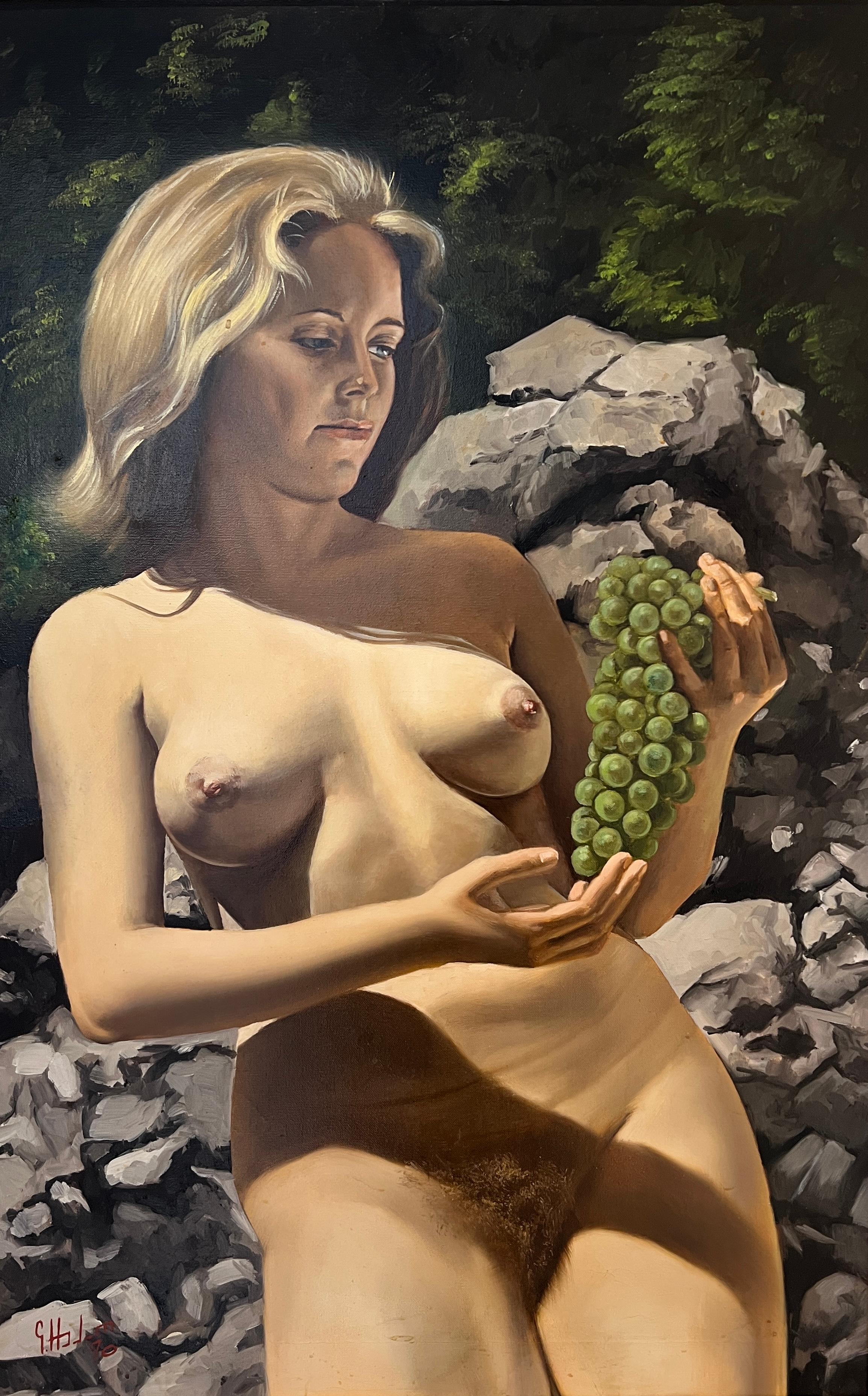 Unknown Figurative Painting - Young naked woman with bunch of grapes