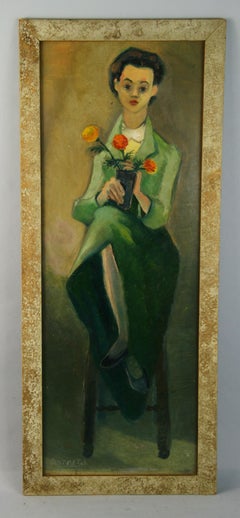 Vintage Young Parisian Girl with Vase of Flowers 1954
