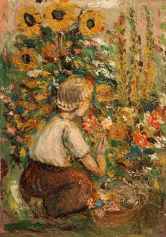 Young Woman Among Sunflowers, Impressionist Oil on Canvas