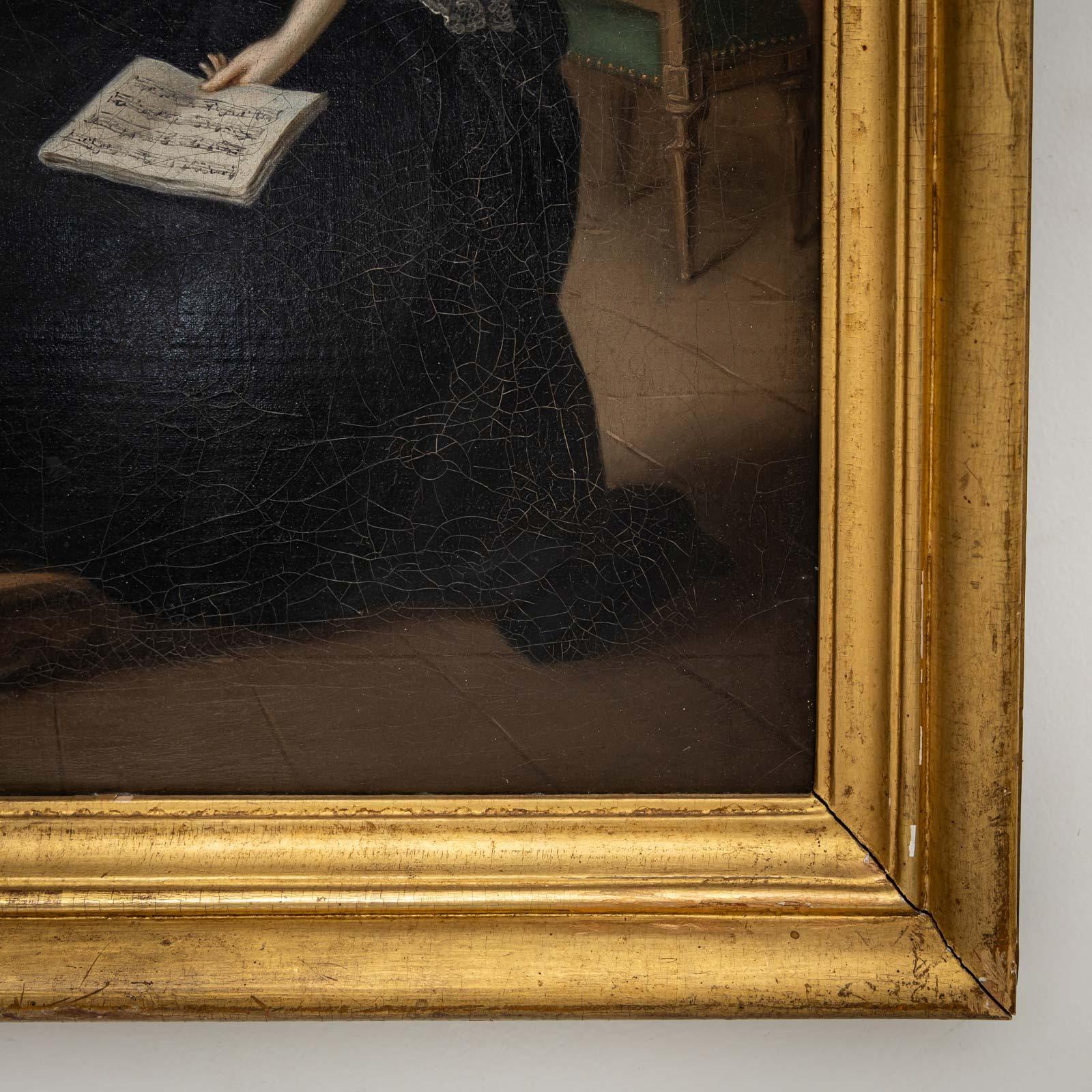 Baroque painting depicting a young woman, probably an aristocratic monastery student, in a black dress with white lace in an implied interior scene. She is seated at a piano with sheet music in one hand while the other rests on the piano keys. The