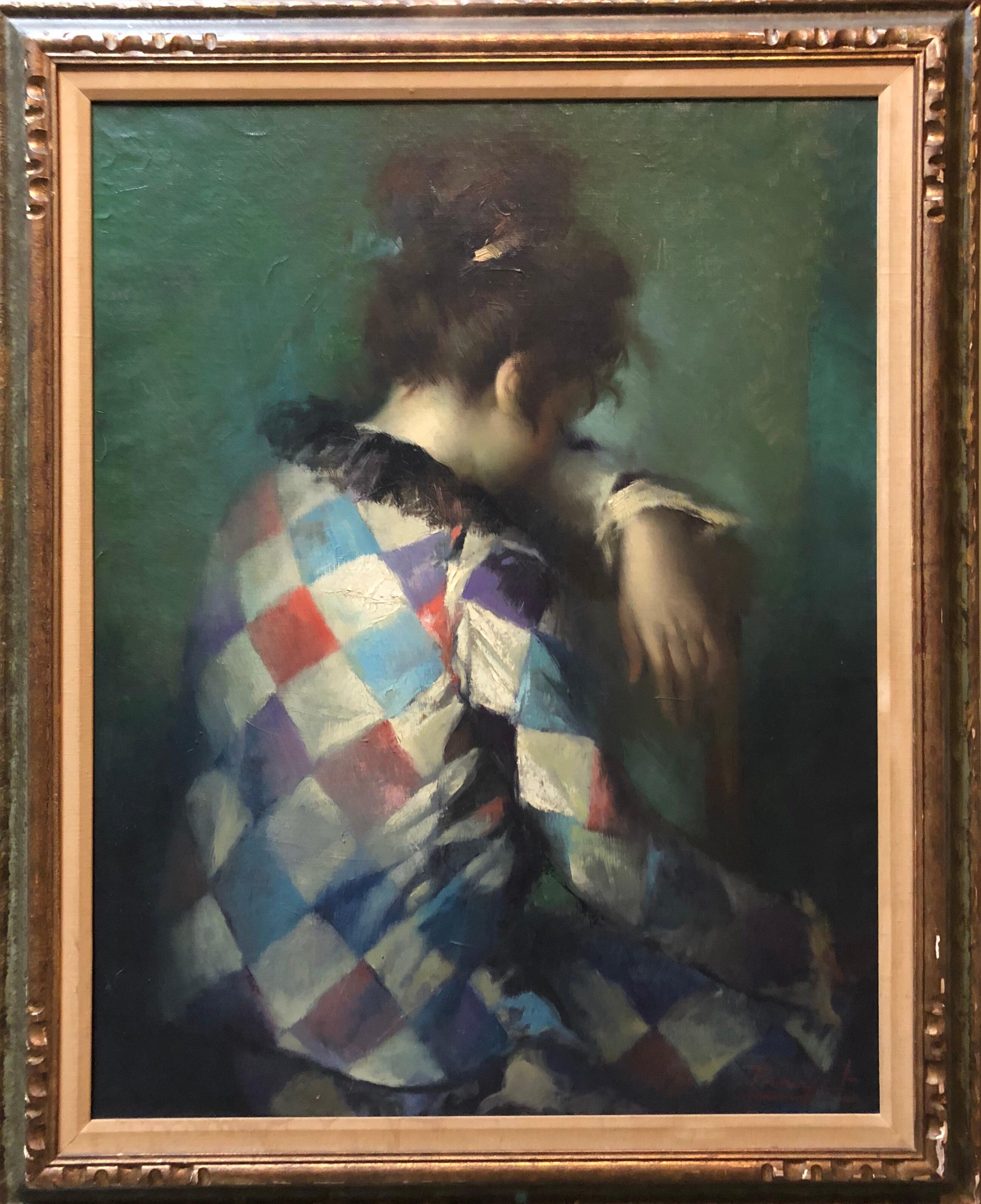 Unknown Figurative Painting - Young Woman Harlequin, Circus Performer Modern French Oil Painting