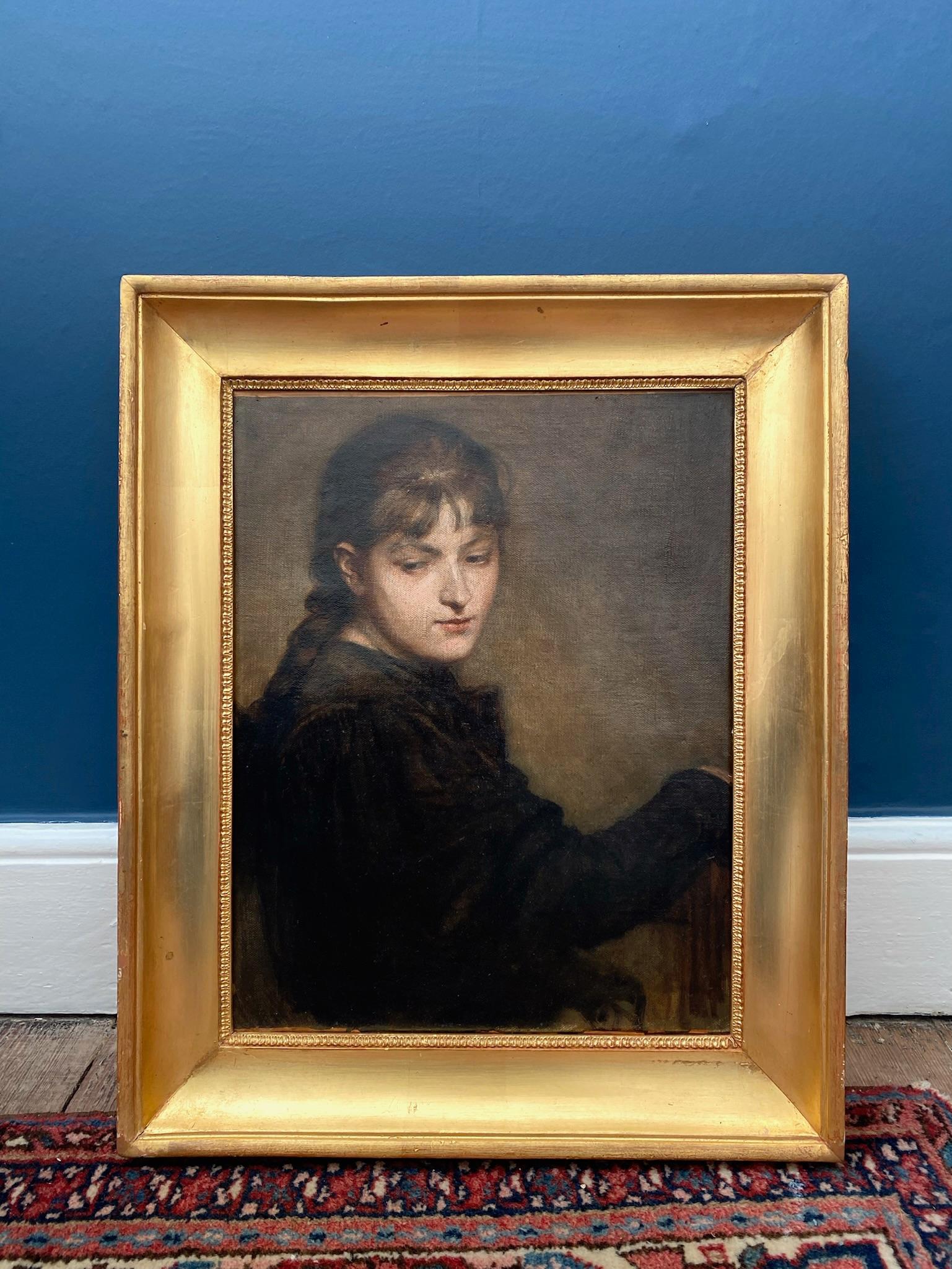Peinture d'une jeune femme, l'artiste, 19ème siècle peinture à l'huile de maître anonyme - École française Painting par Unknown