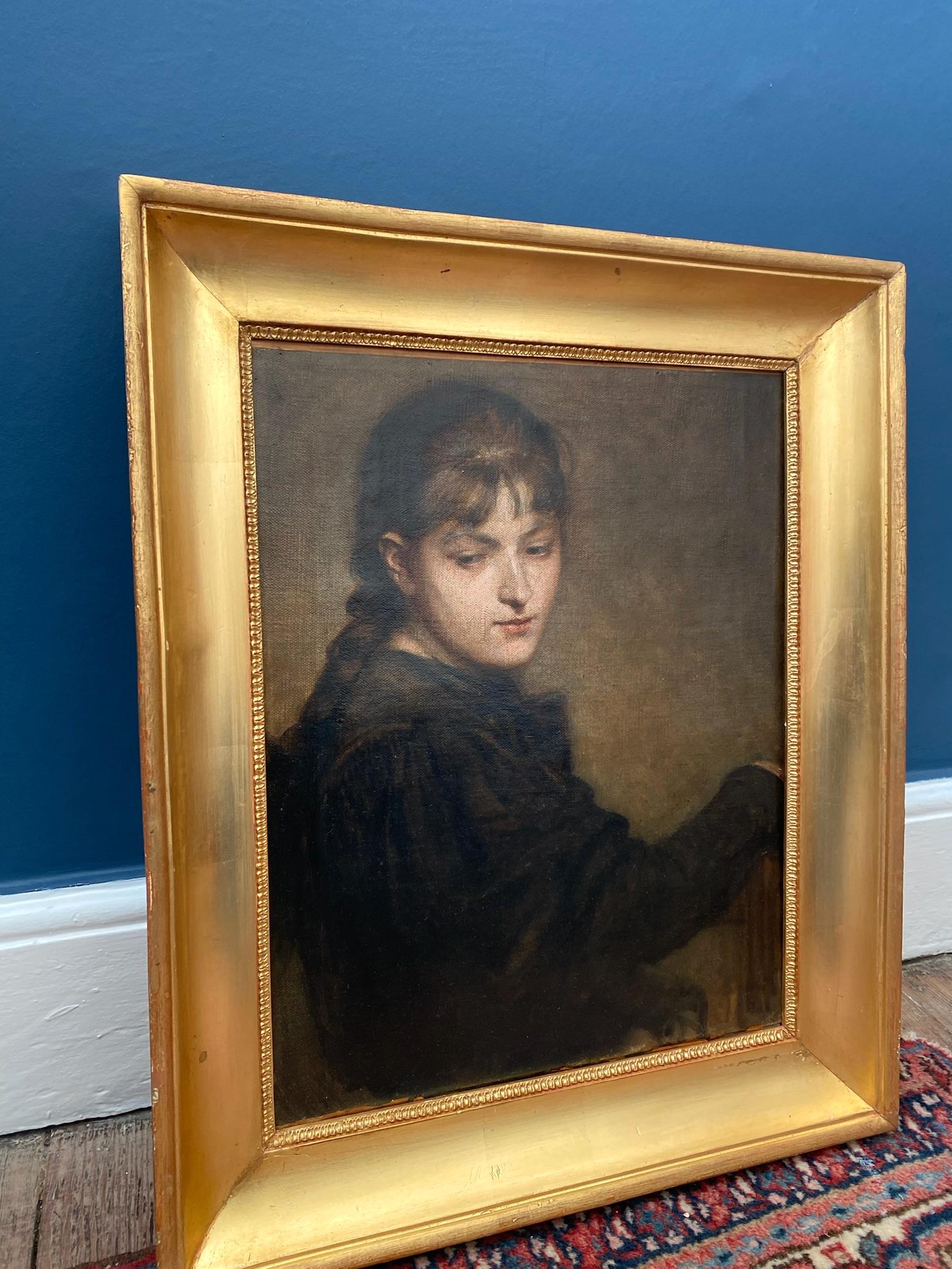 Young woman painting, the artist, 19th Century anonymous master oil painting For Sale 1