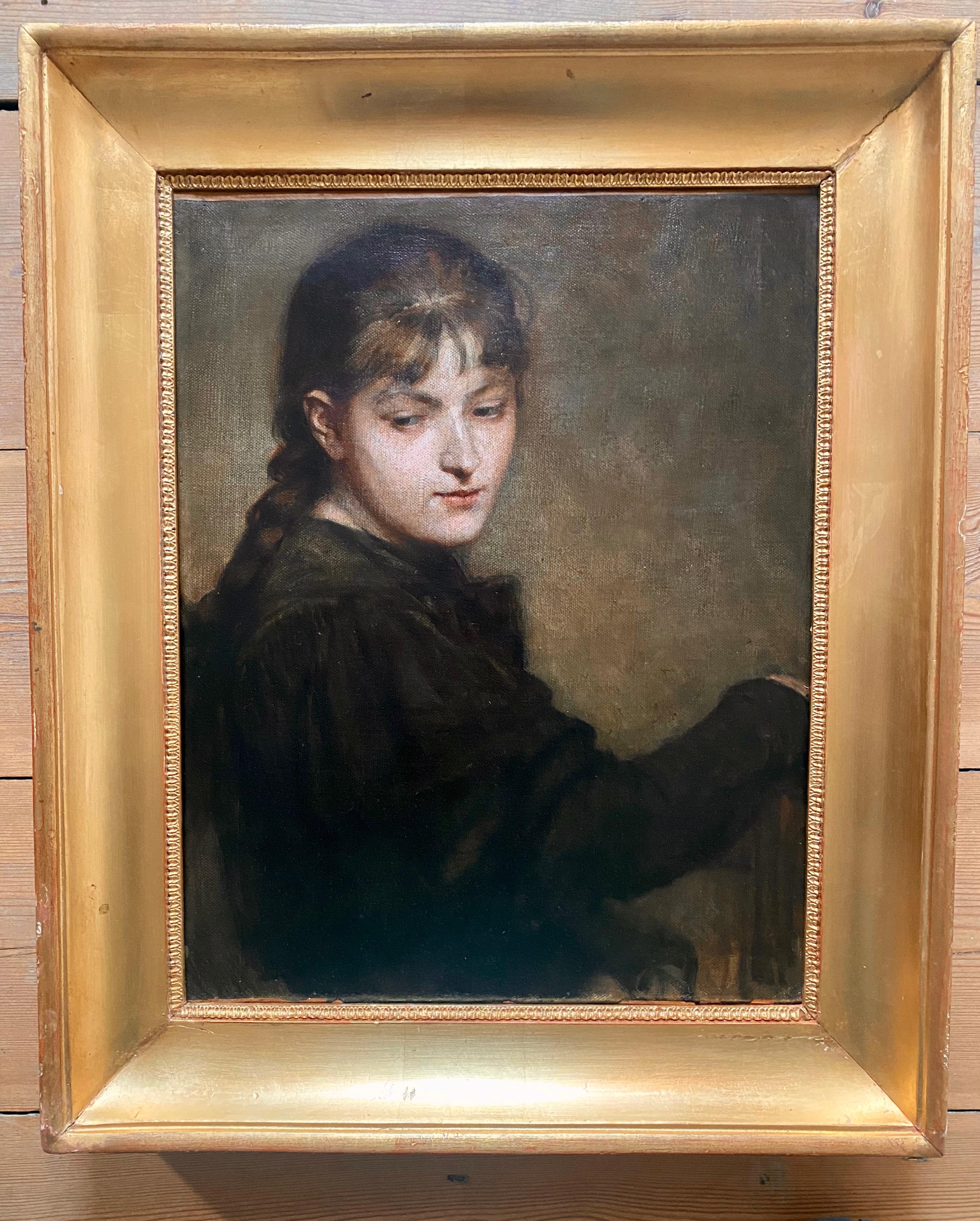Young woman painting, the artist, 19th Century anonymous master oil painting For Sale 3