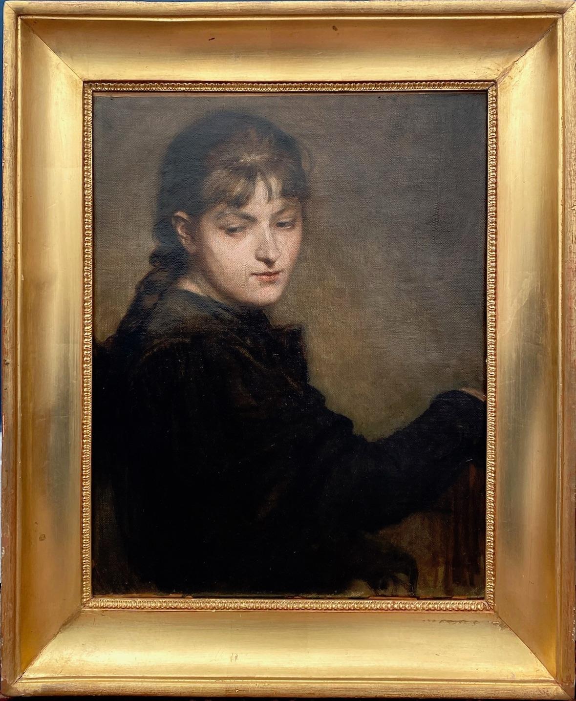 Unknown Portrait Painting – Die junge Frau malt, die Künstlerin, anonymes Ölgemälde eines Meisters, 19. Jahrhunderts