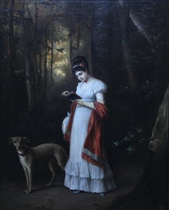 Young Woman Reading Book with Dog in Landscape - Französisches Ölporträt des 19. Jahrhunderts