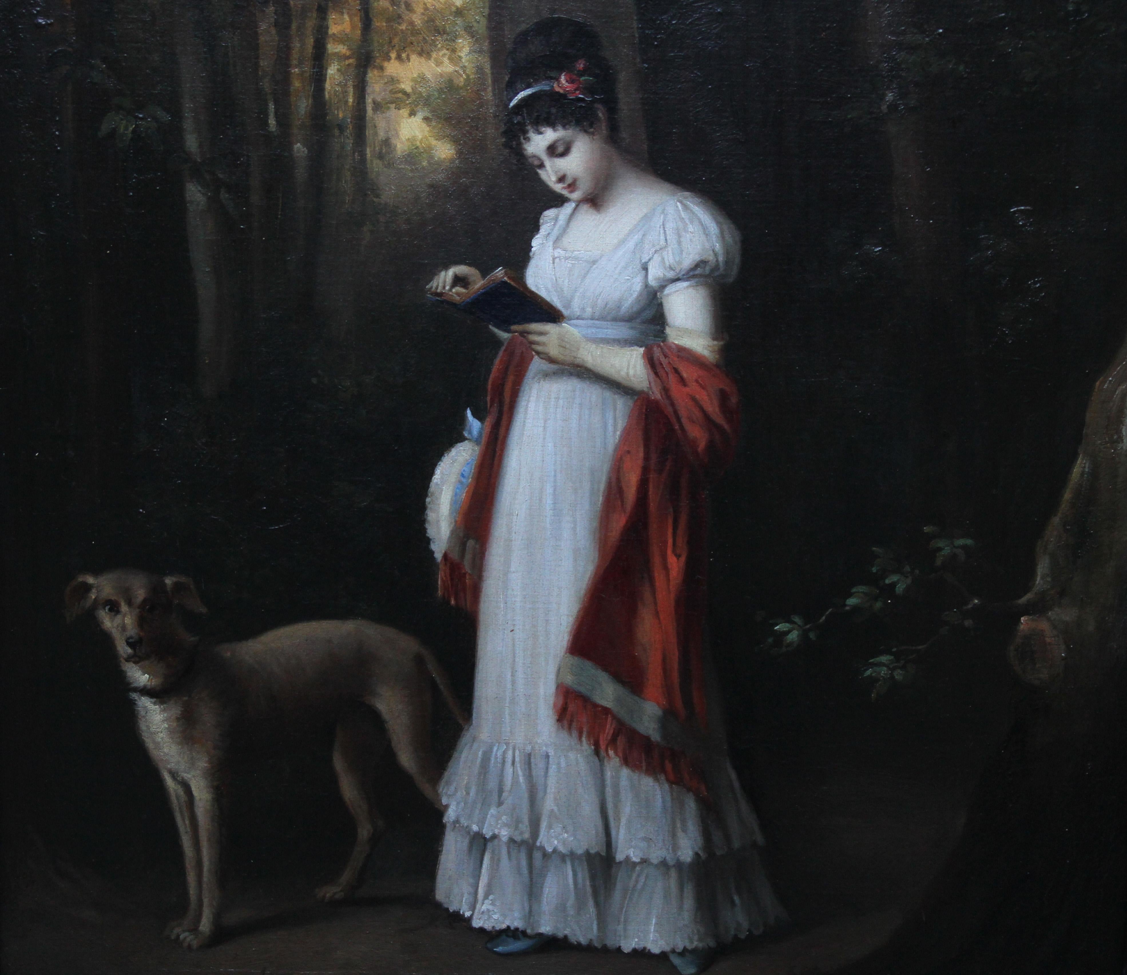Young Woman Reading Book with Dog in Landscape - French art 19thC oil portrait - Realist Painting by Unknown