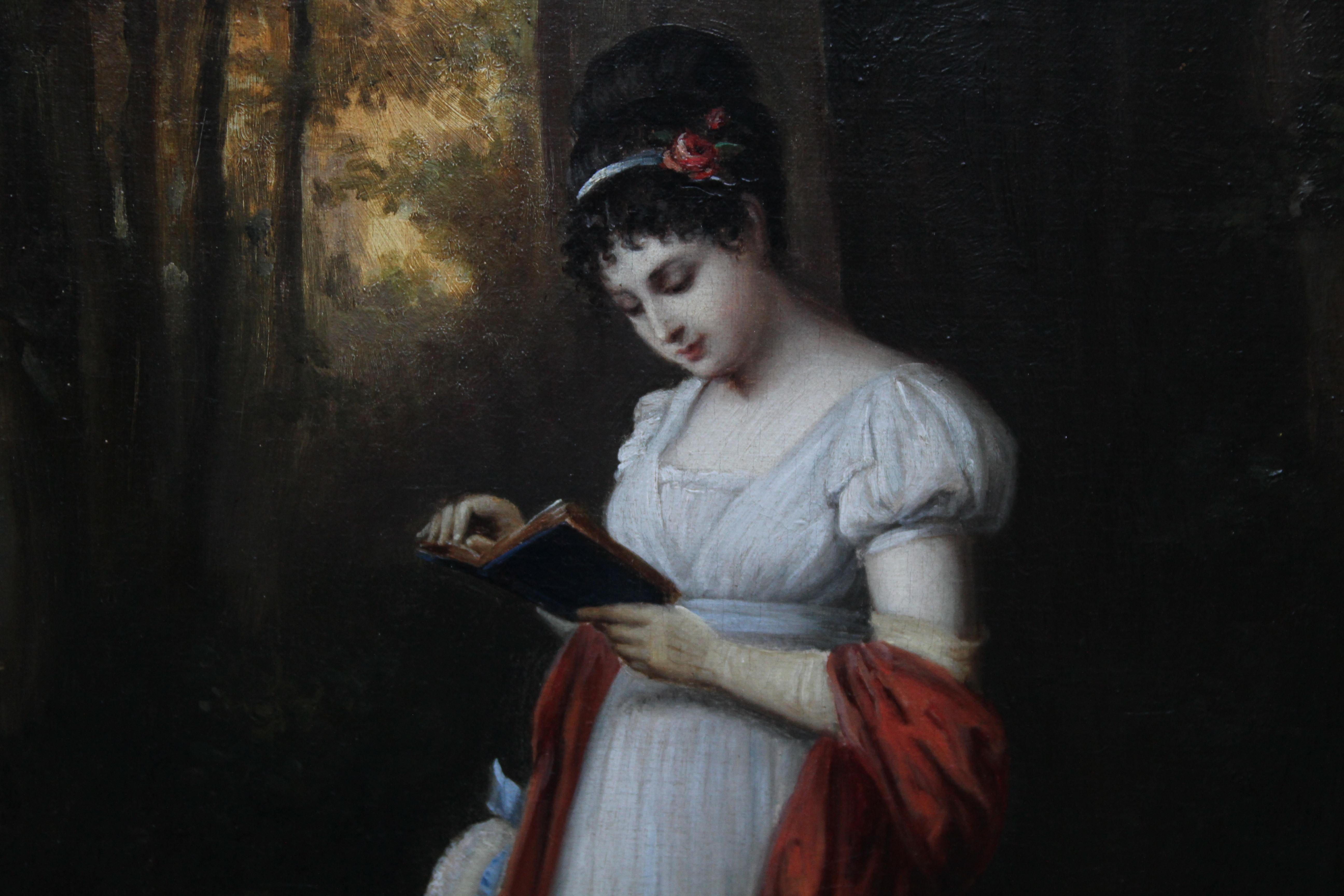 This charming early 19th century oil painting is from the French School. It is signed with a monogram in red lower right. Painted in a realistic but romantic manner with detailed brushwork, the young woman is illuminated as if in a ray of light. The