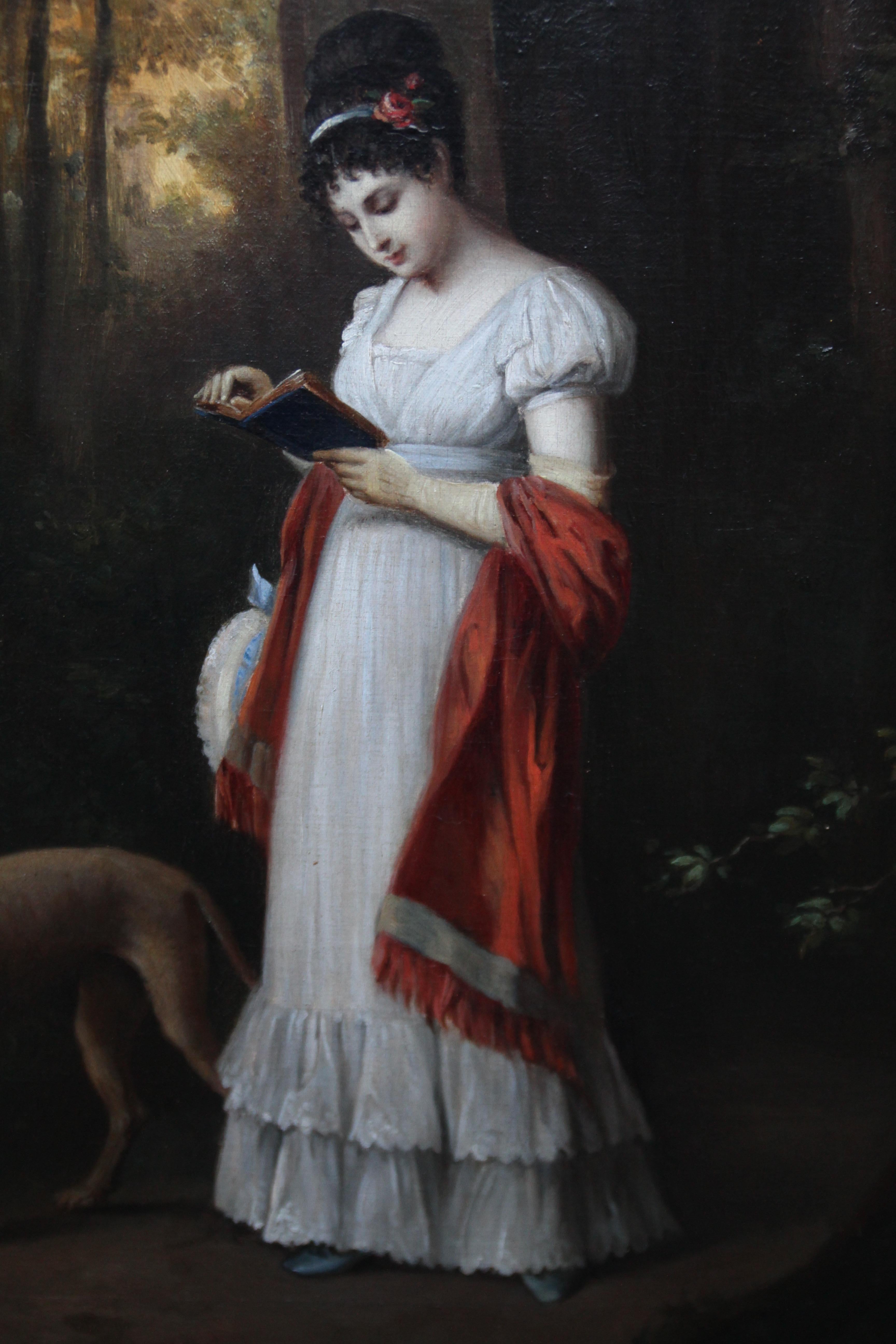 Young Woman Reading Book with Dog in Landscape - French art 19thC oil portrait 1
