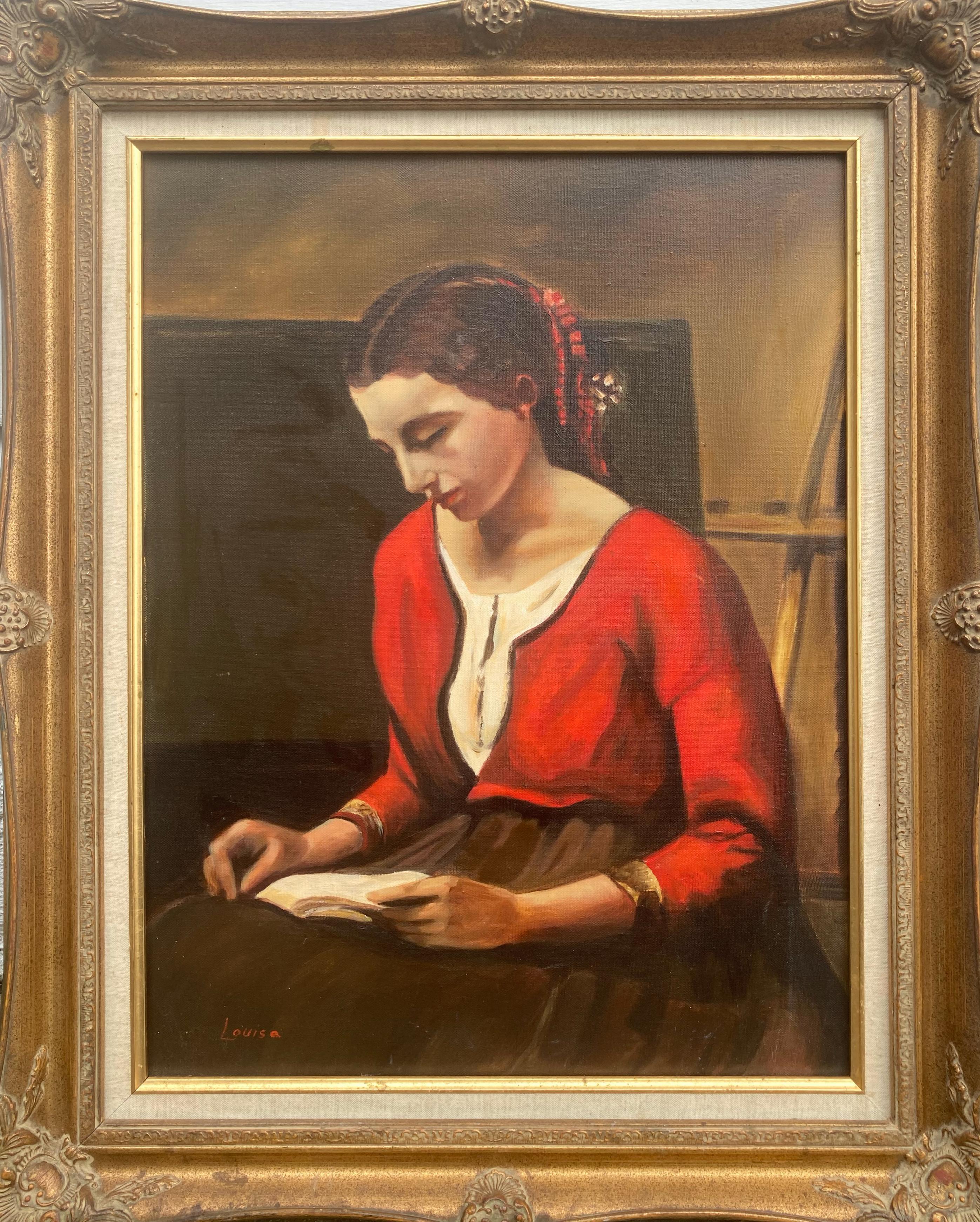 Unknown Figurative Painting - Young Woman Reading (Late 20th Century Modernist Framed Portrait Painting)
