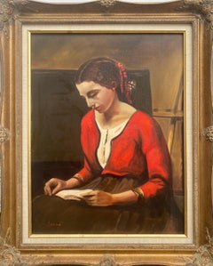 Young Woman Reading (Late 20th Century Modernist Framed Portrait Painting)