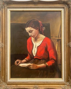 Young Woman Reading (modernes gerahmtes Porträtgemälde der jungen Frau des späten 20. Jahrhunderts)