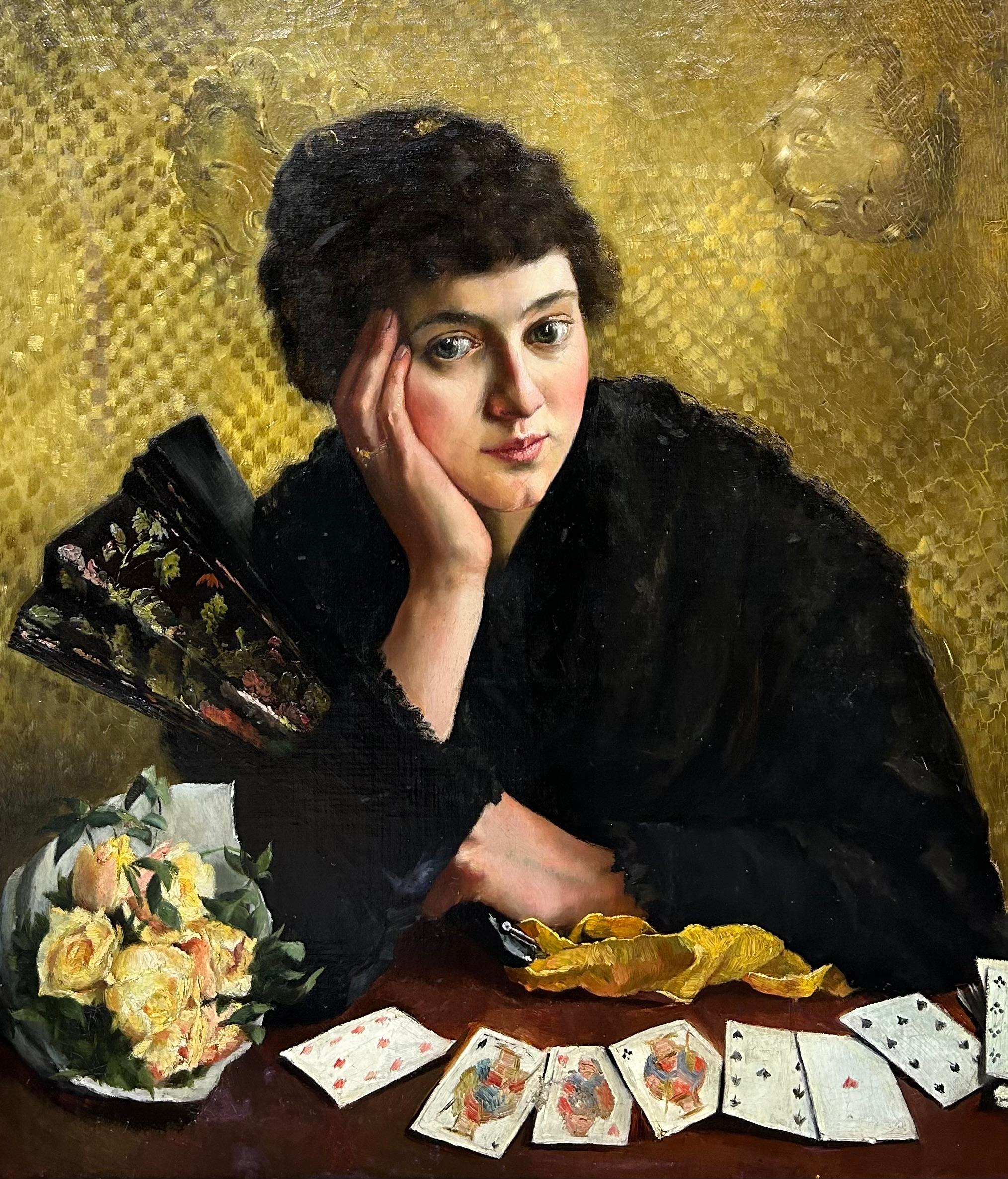 Giovane donna con ventaglio, ritratto ambientale interno con natura morta - Painting di Unknown