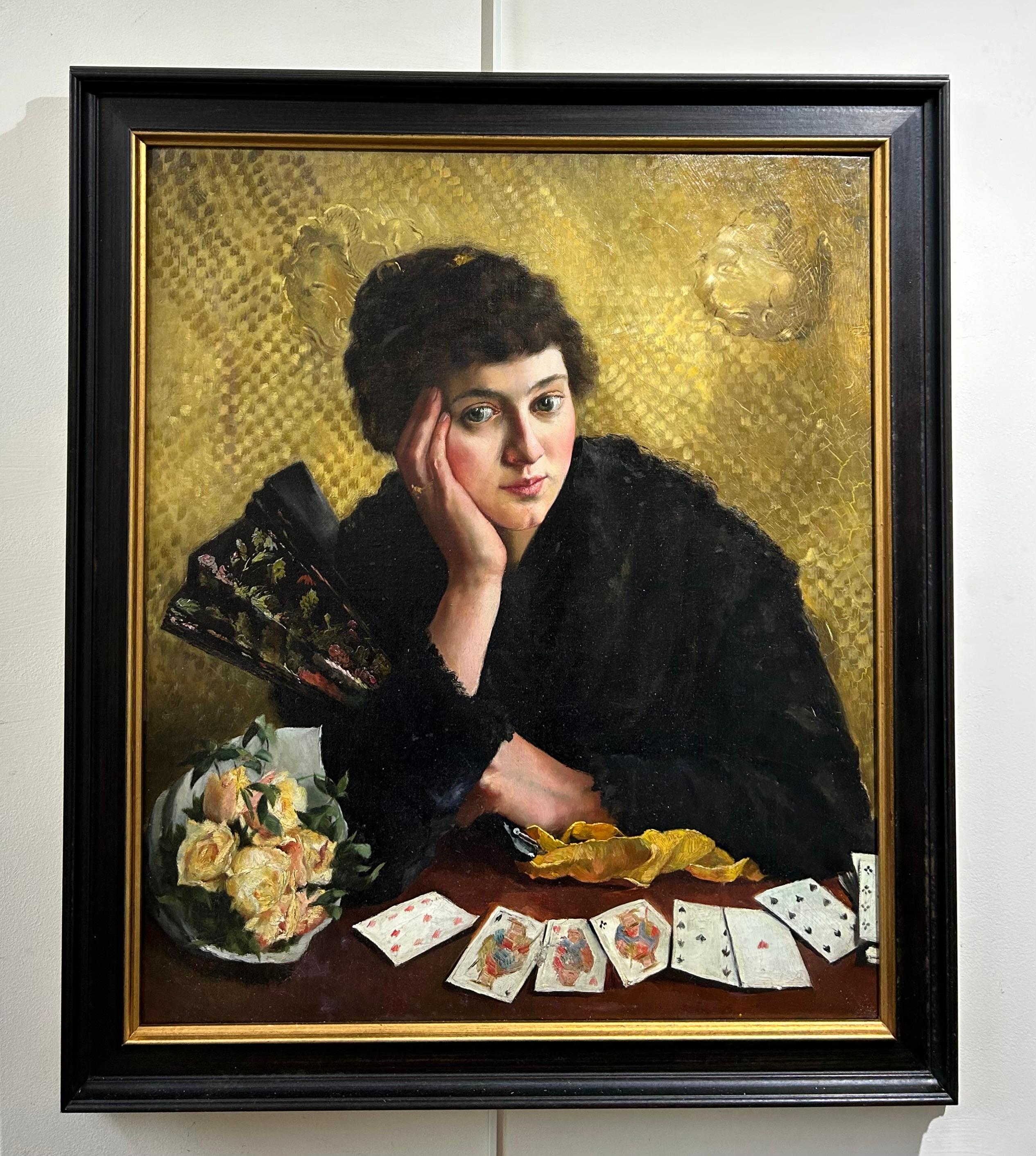 Giovane donna con ventaglio, ritratto ambientale interno con natura morta - Painting Impressionismo di Unknown