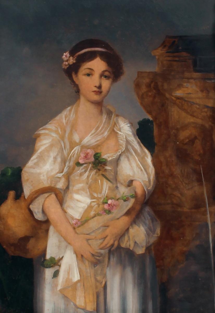 Young Woman with Fountain - Painting by Unknown