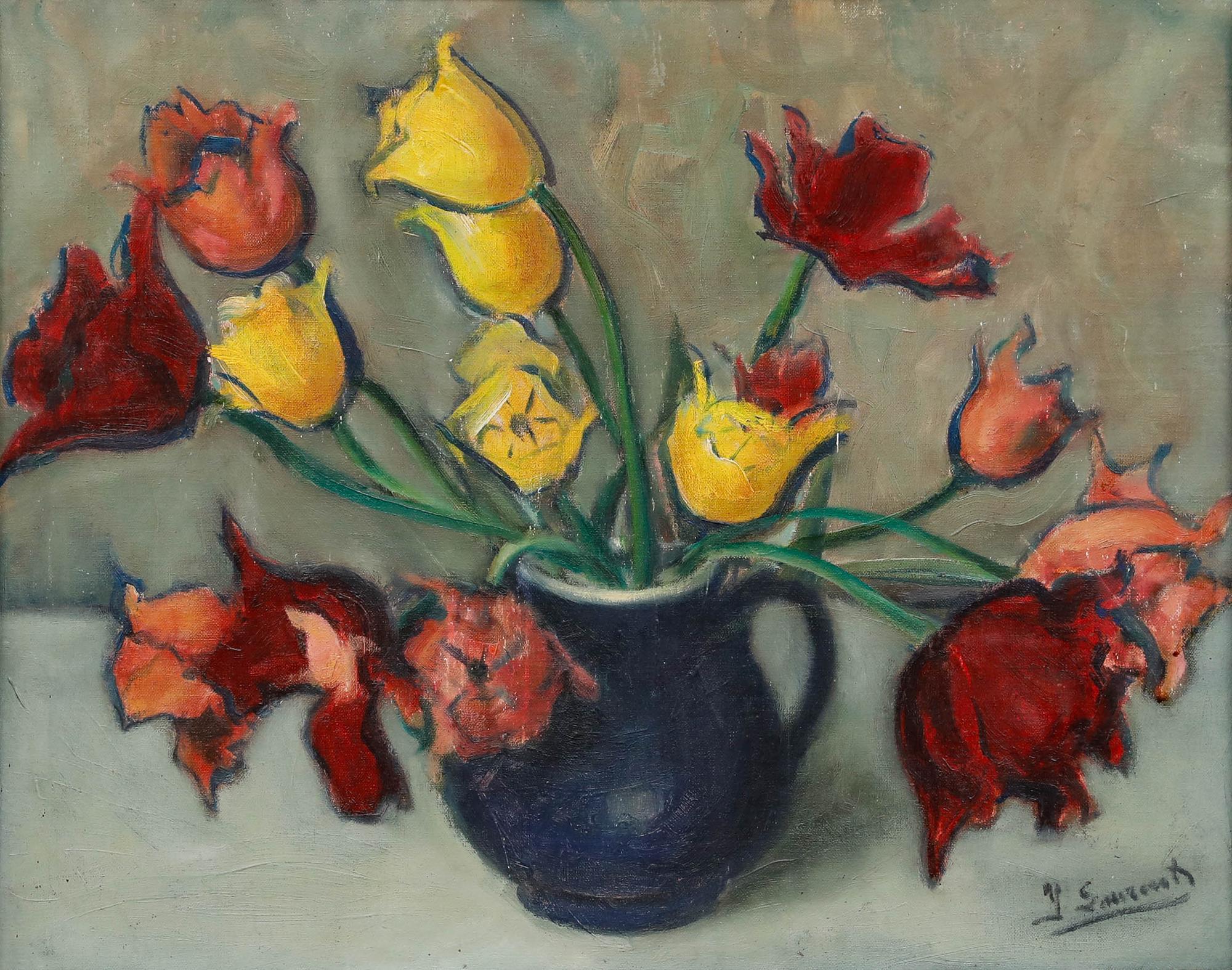 Yvon Laurent - 20th Century Oil, Tulips in a Blue Vase - Painting by Unknown