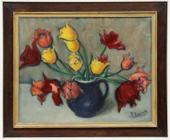 Yvon Laurent - 20th Century Oil, Tulips in a Blue Vase