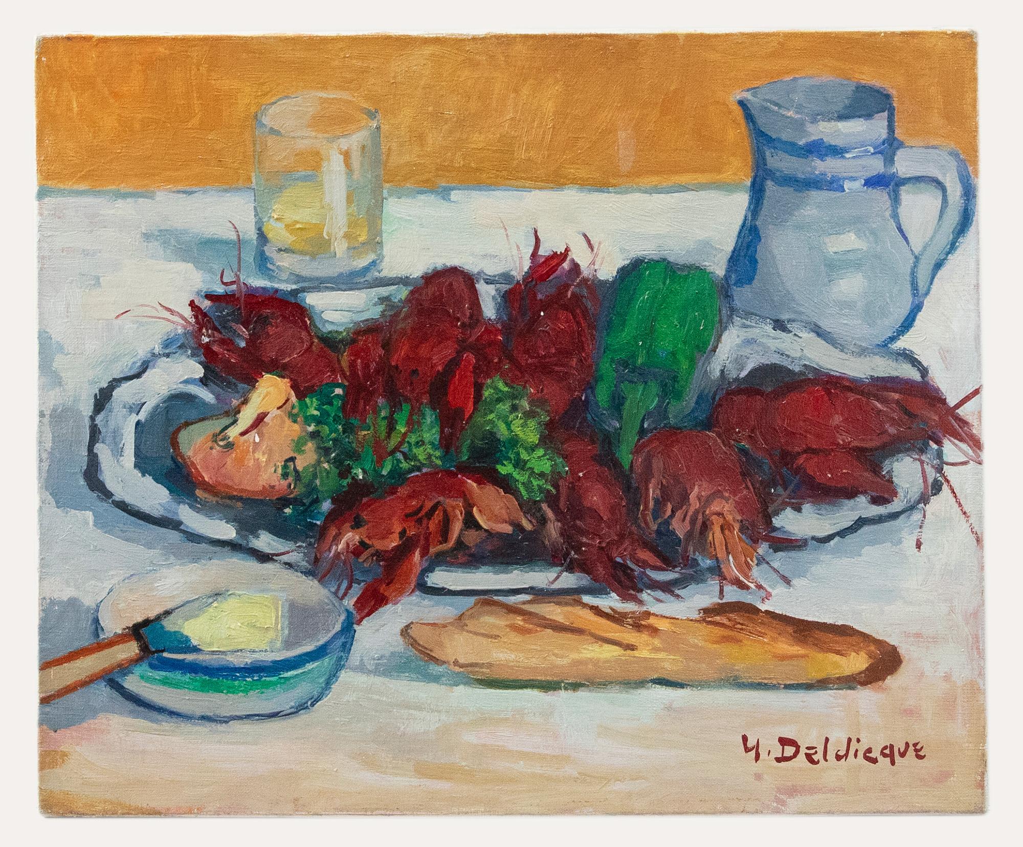 Yvonne Deldicque (1895-1977) - Olio francese del XX secolo, Natura morta di gamberi di fiume - Painting di Unknown