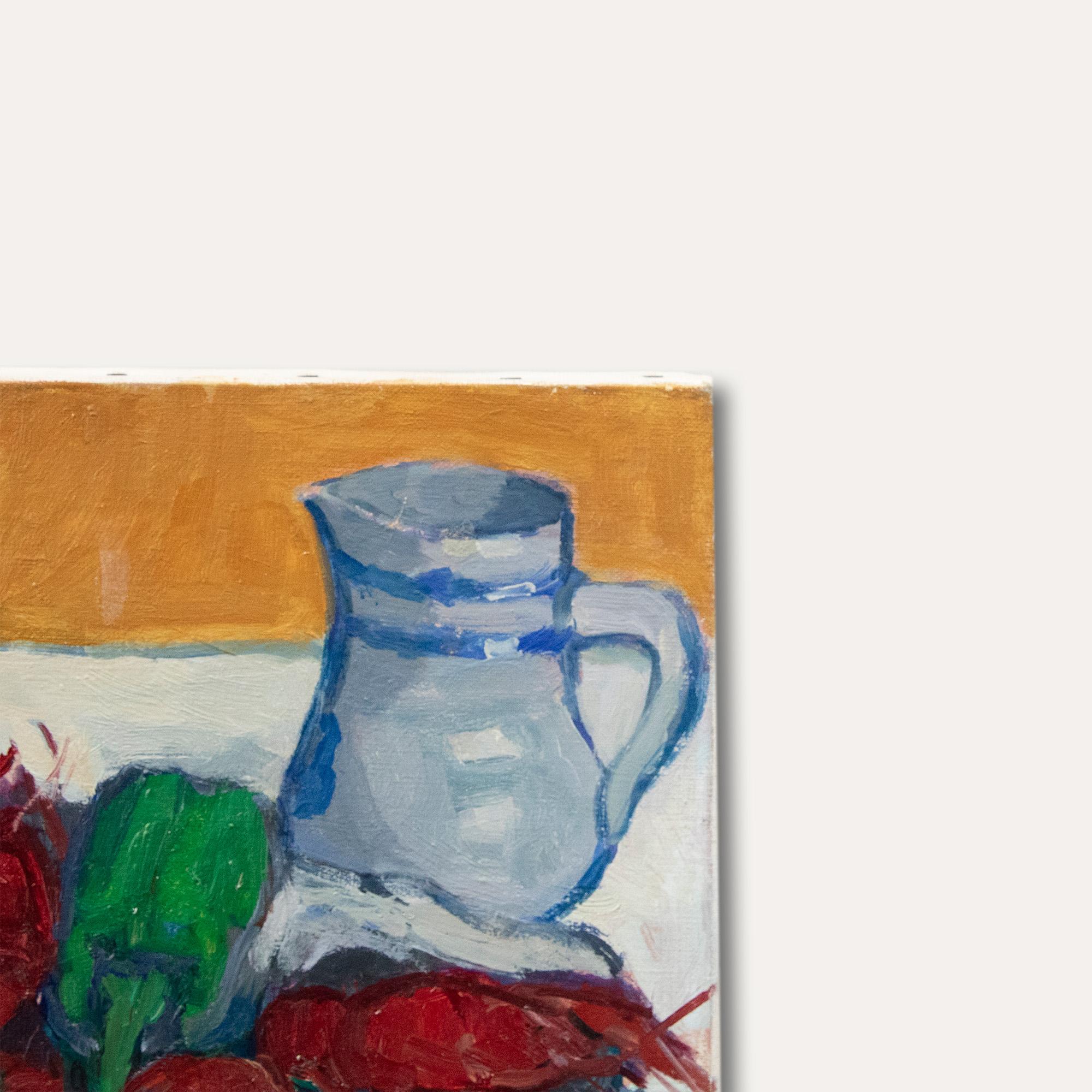 A bold and vibrant still life of Crayfish, dressed on a platter with French baguette, garlic butter, water glass and blue jug. Illegibly signed to the lower right and titled in french to the reverse. On canvas on stretchers.