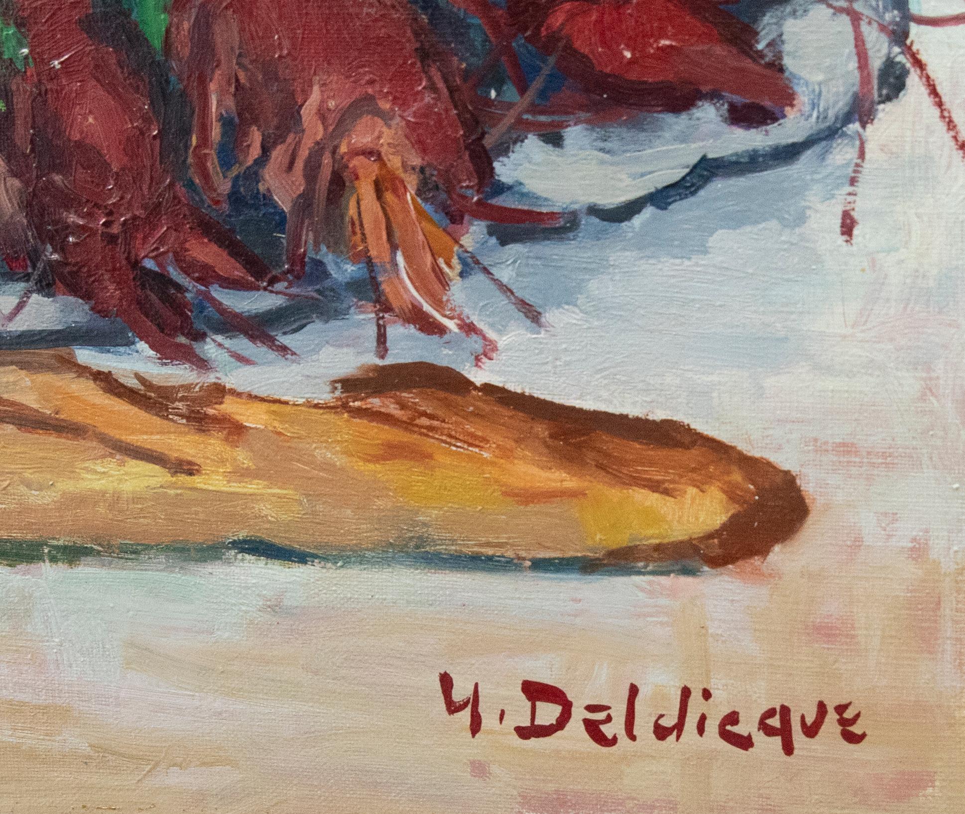 Una natura morta audace e vivace di gamberi di fiume, serviti su un piatto con baguette francese, burro all'aglio, bicchiere d'acqua e brocca blu. Firmato illeggibilmente in basso a destra e titolato in francese al verso. Su tela su barelle.